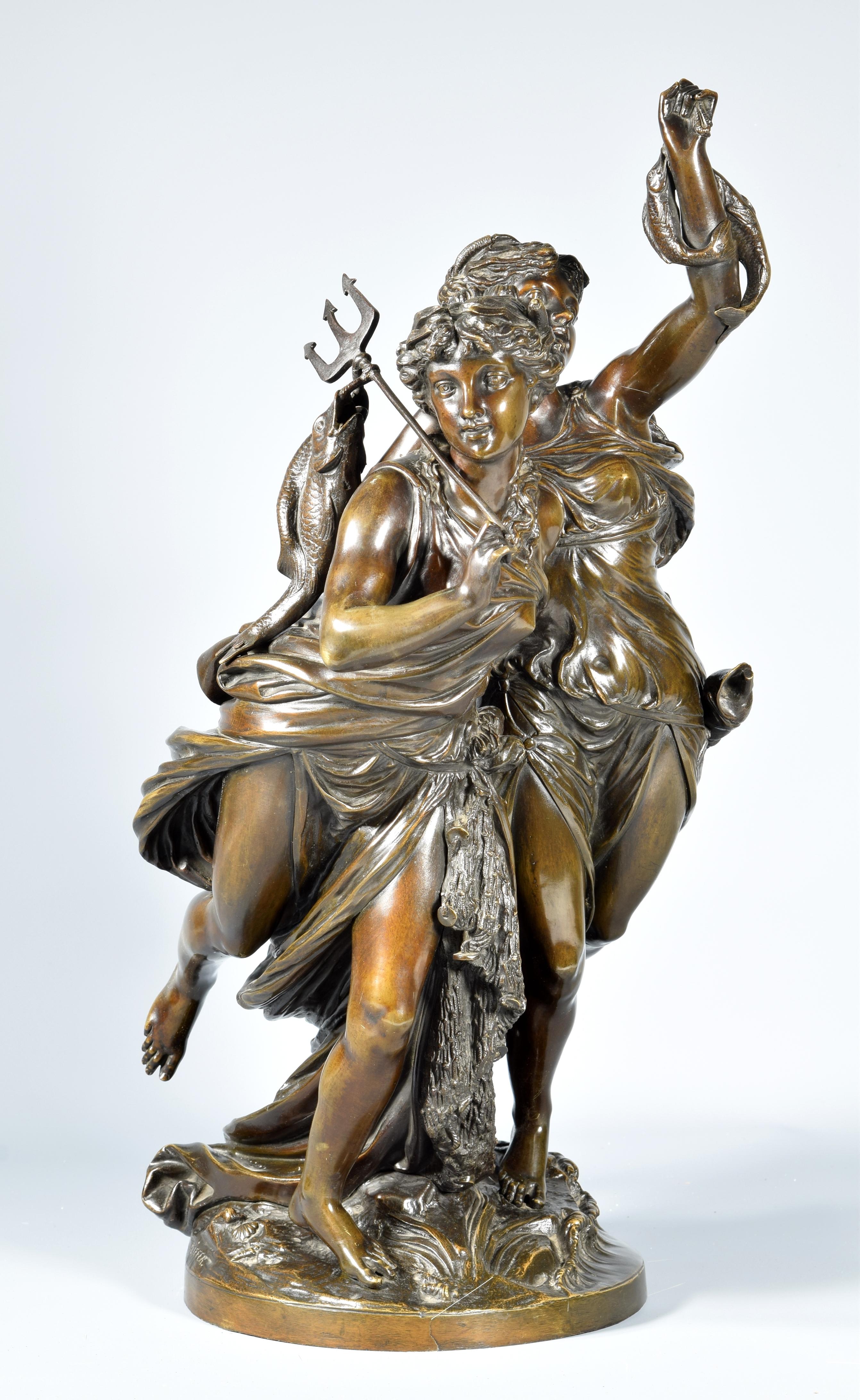 Allegory of Fishing 'La Pêche', Bronze, Peiffer, Auguste Joseph, 19th Century 2