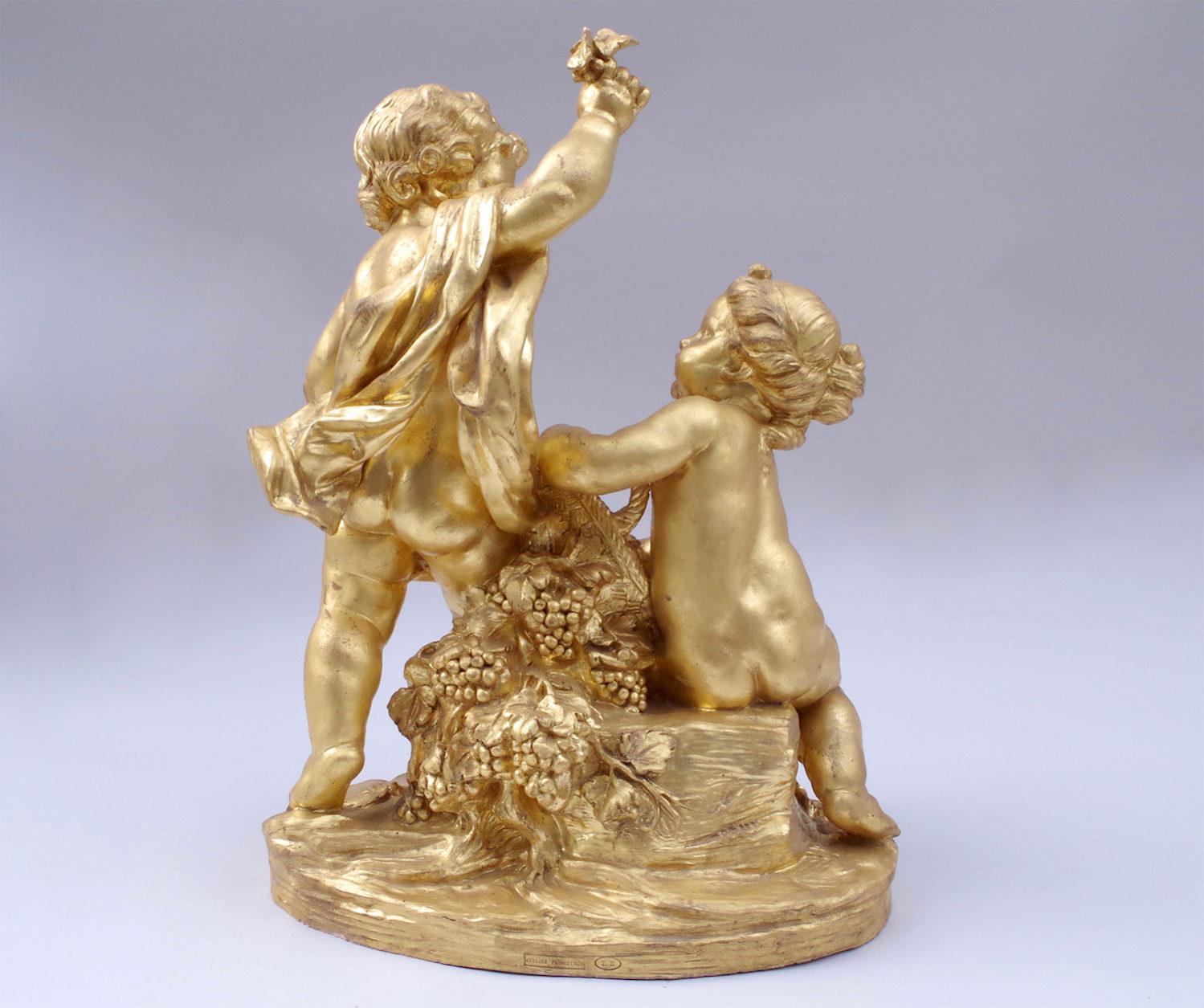 Neoclassical Allegory of Grapes Harvest, Gilt Terracotta, 20th Century For Sale