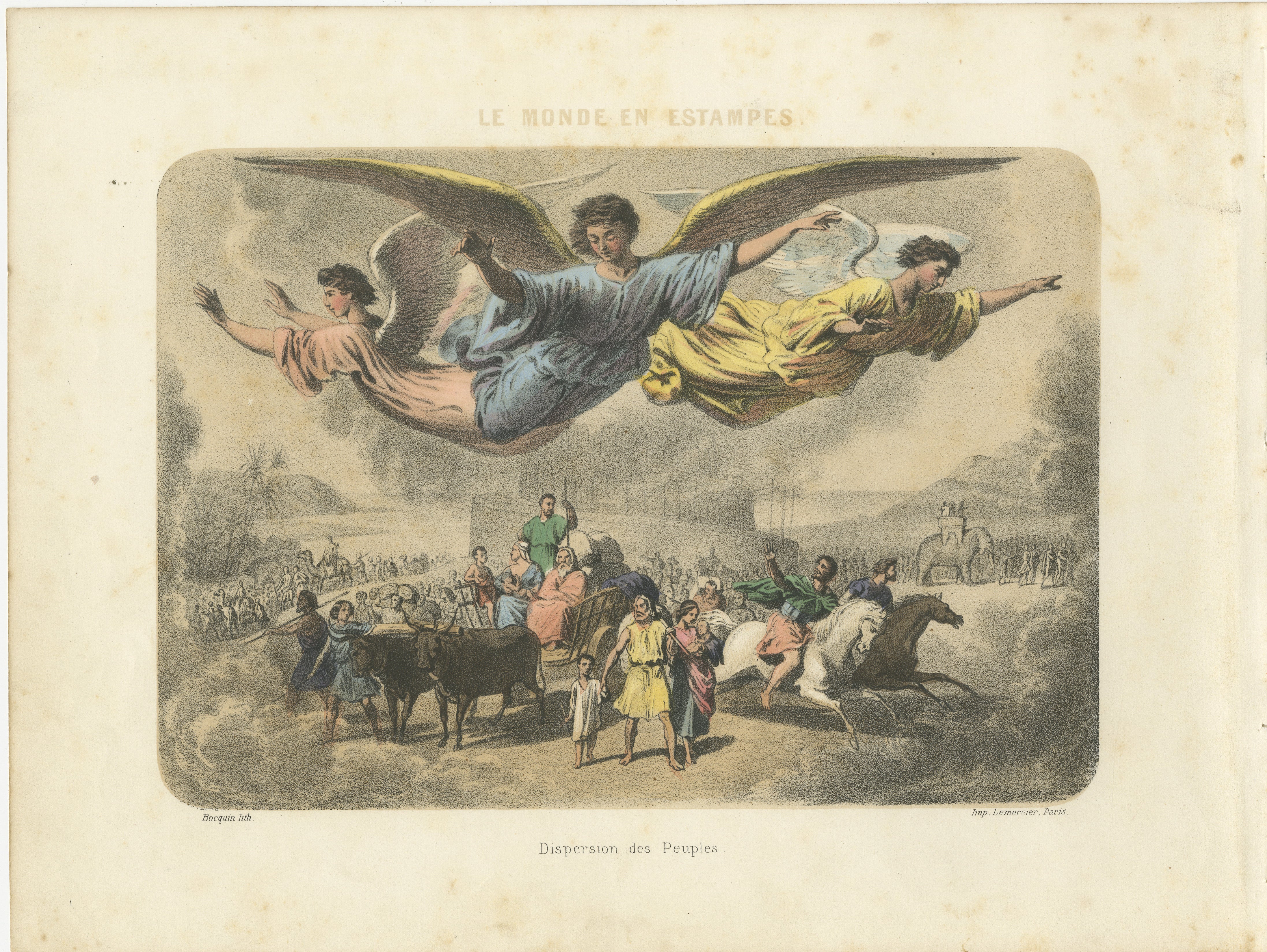 Dispersion des Peuples - Lithographie allégorique tirée de Le Monde en Estampes, c.I.C.

Cette magnifique lithographie coloriée à la main datant du milieu du XIXe siècle, intitulée 