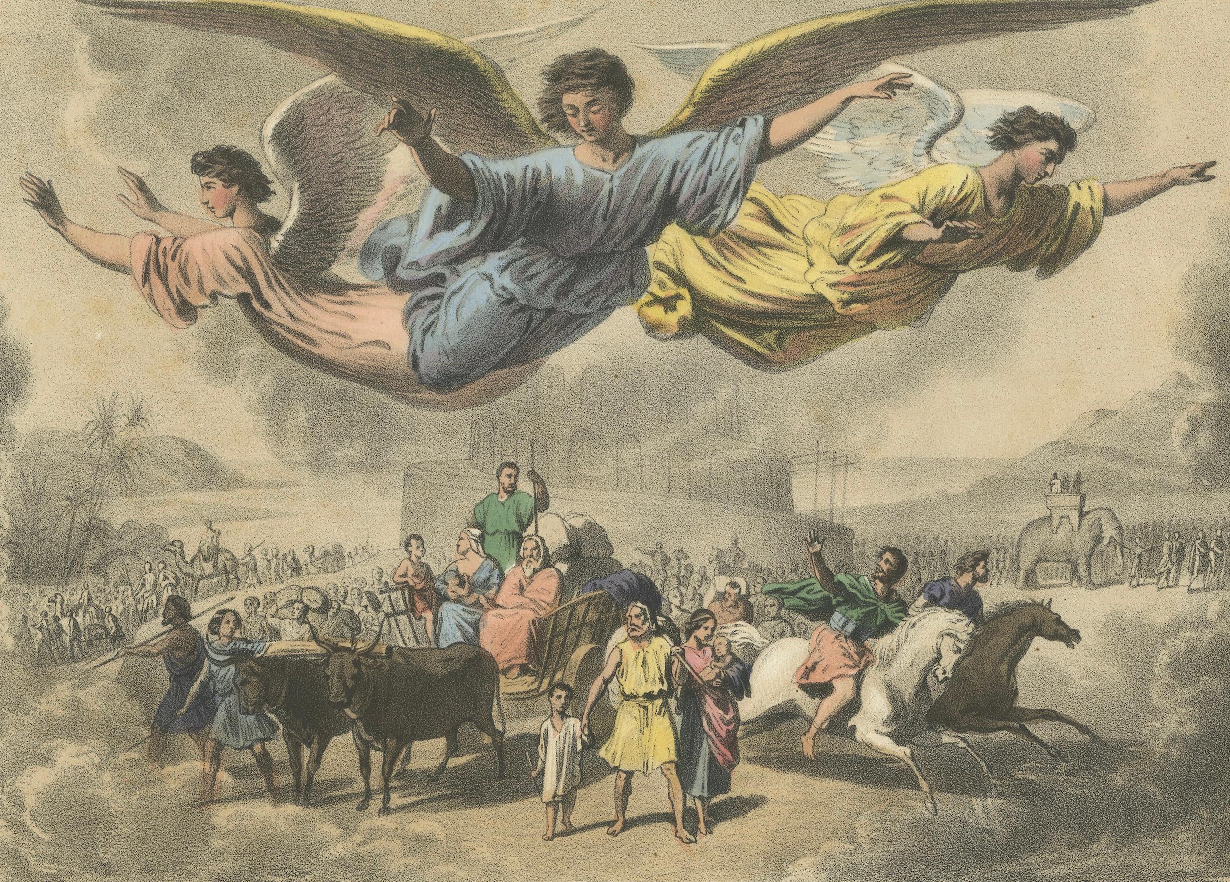 Français Allégorie de la dispersion humaine - Lithographie ancienne, Le Monde en Estampes, c.1845 en vente