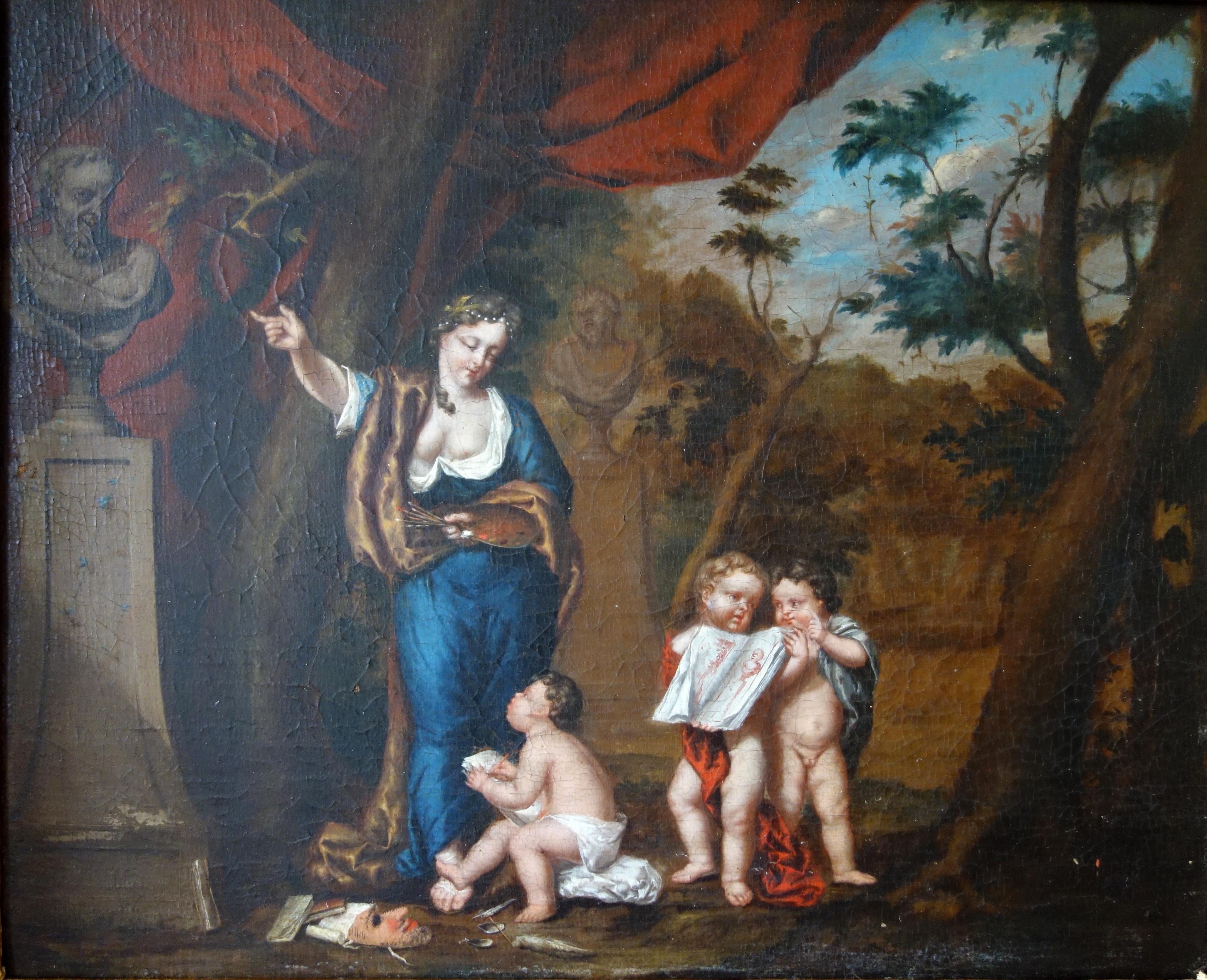 Allegory of painting, early 18th century French school - oil on panel In Good Condition For Sale In GRENOBLE, FR