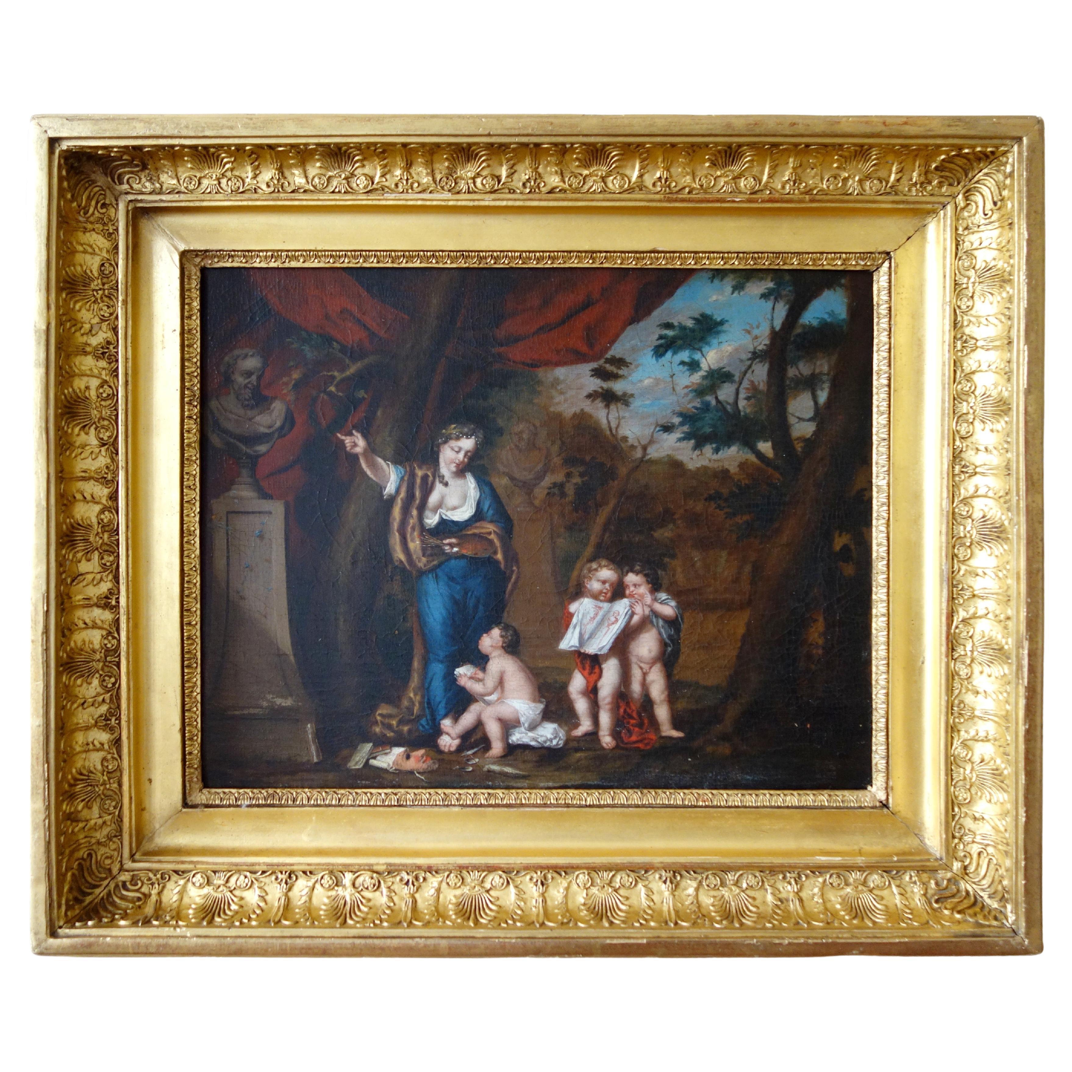 Allegory of painting, early 18th century French school - oil on panel For Sale