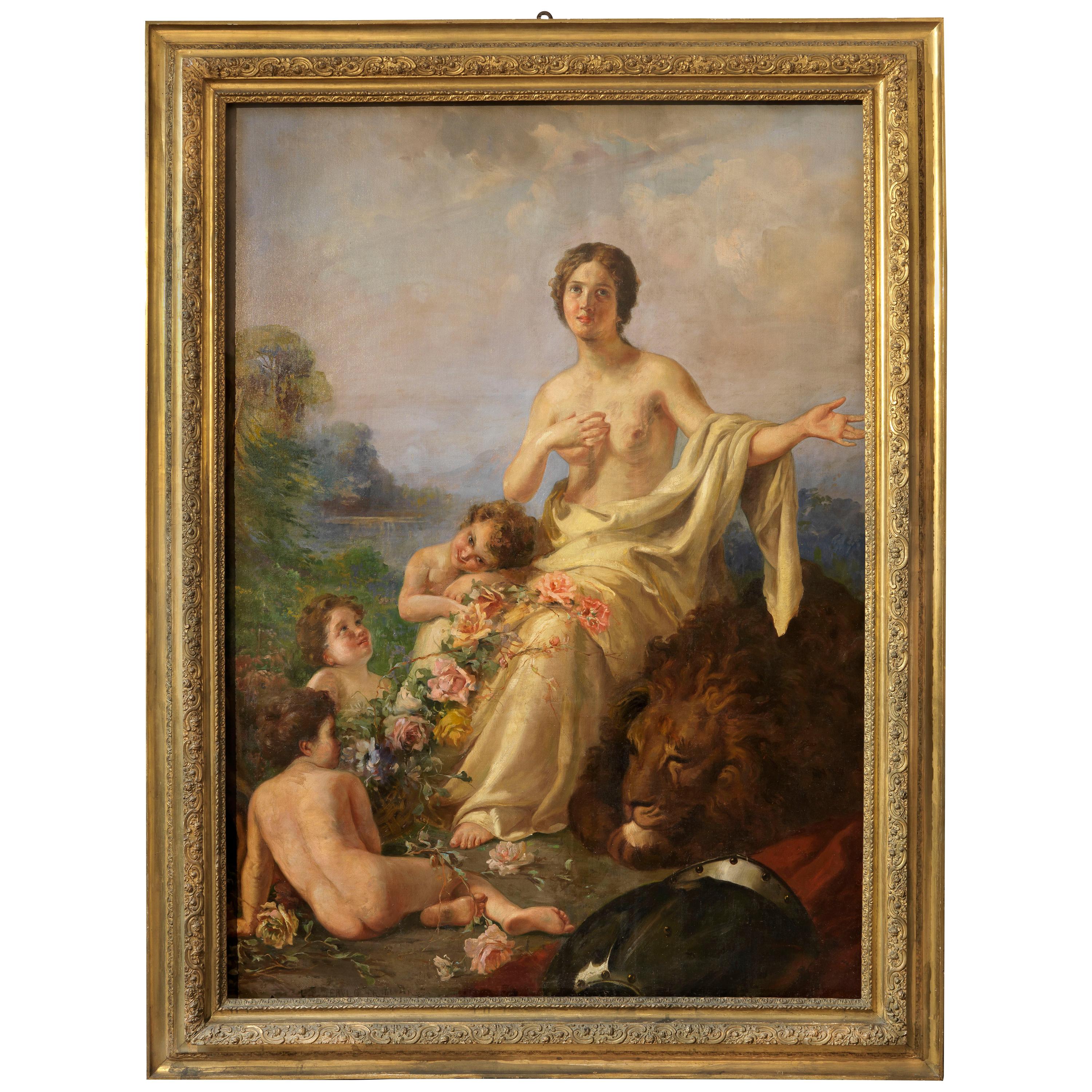 Large and important painting Allegory of Peace oil on canvas by the famous Italian painter Erulo Eroli with a gilt-wood frame.
Provenance from an important aristocratic family.
The painting is in original condition but will be relined and restored