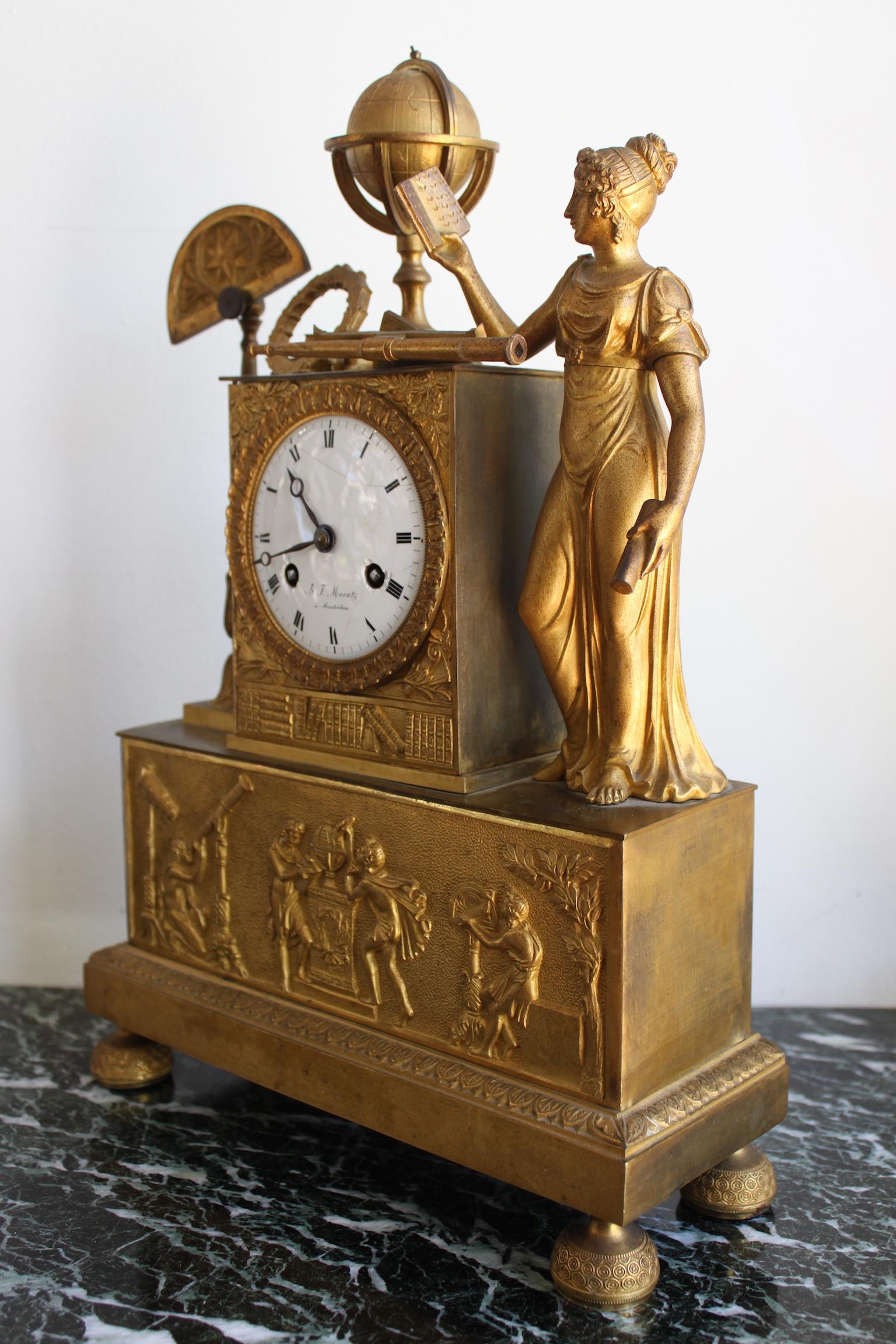 Early 19th century gilt bronze clock representing the Allegory of Sciences. Movement JJ Meentz - Amsterdam.
Little cracks on the dial.
Dimensions: Height 36cm, width 25cm, depth 9cm.