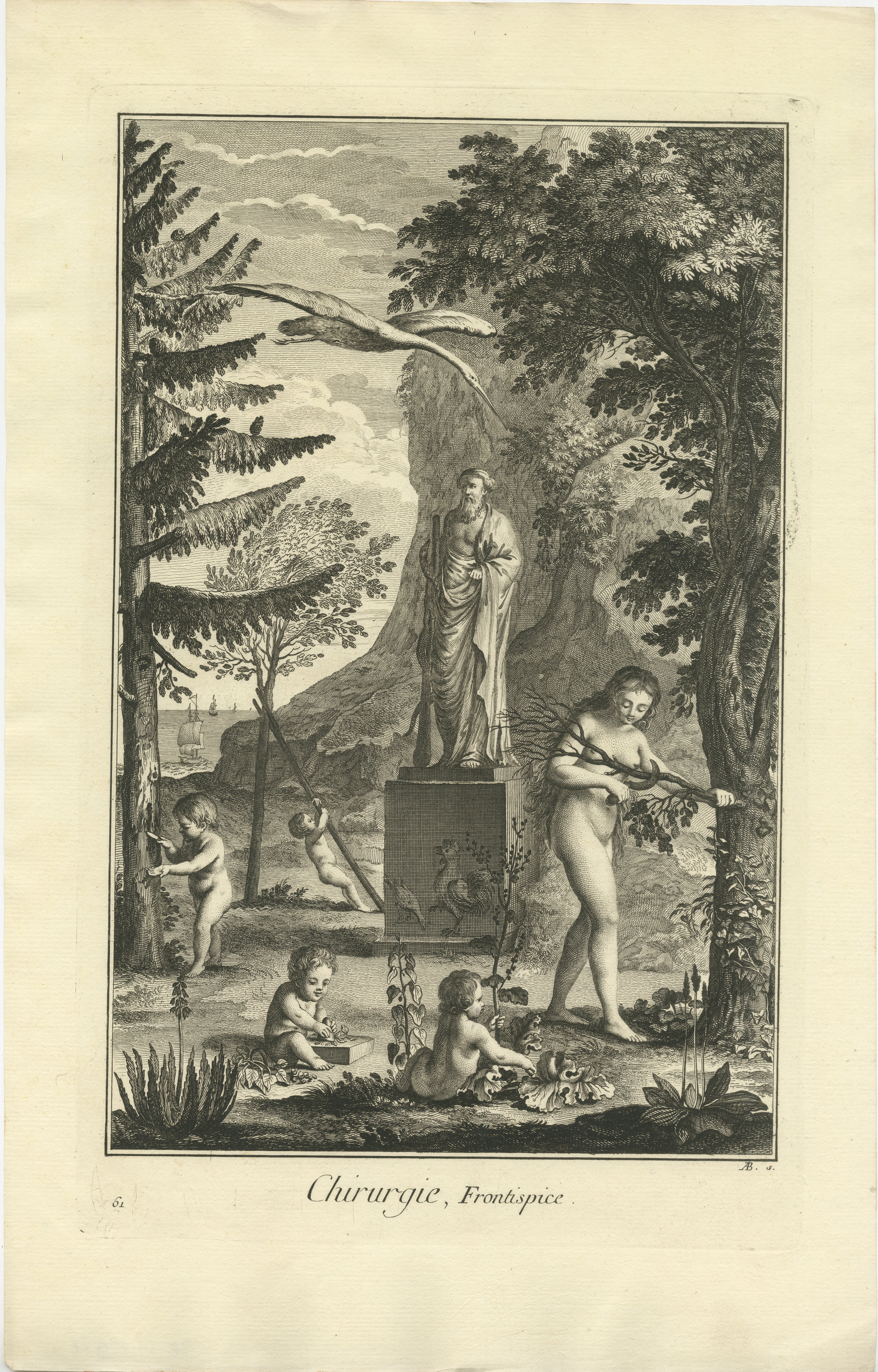 Plate : 'Chirurgie, Frontispice.' (Surgery, frontispiece). 

This plate shows Hippocrates with a Rod of Asclepius, a naked woman cutting a branch, young children playing, a stork flying over, a rooster depicted on the pedestal, trees and boats in