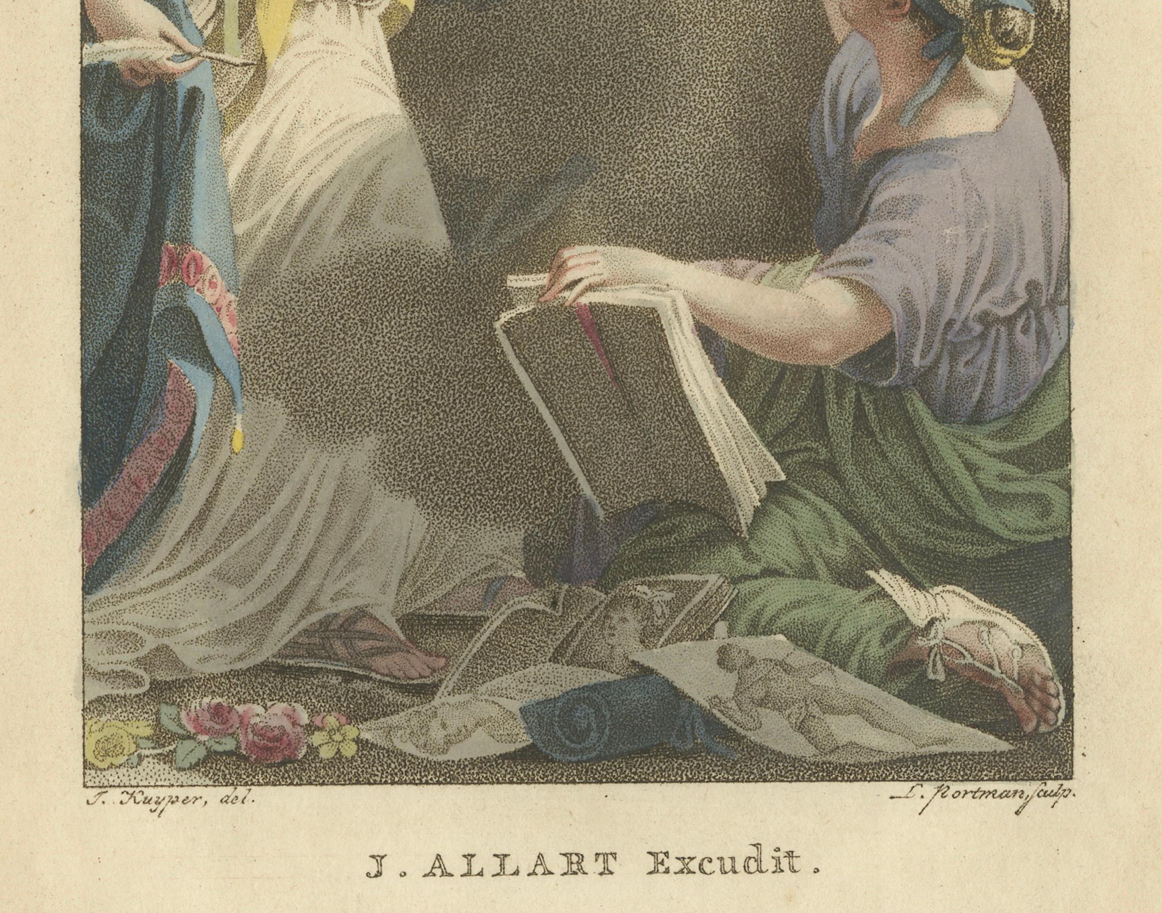Allégorie des Antiques - Gravure ancienne à la main, coloriée au stipple, par J. Allart (c.1800)

Gravure au pointillé magnifiquement colorée à la main, publiée par J. Allart vers 1800, représentant une allégorie des Beaux-Arts. Trois figures