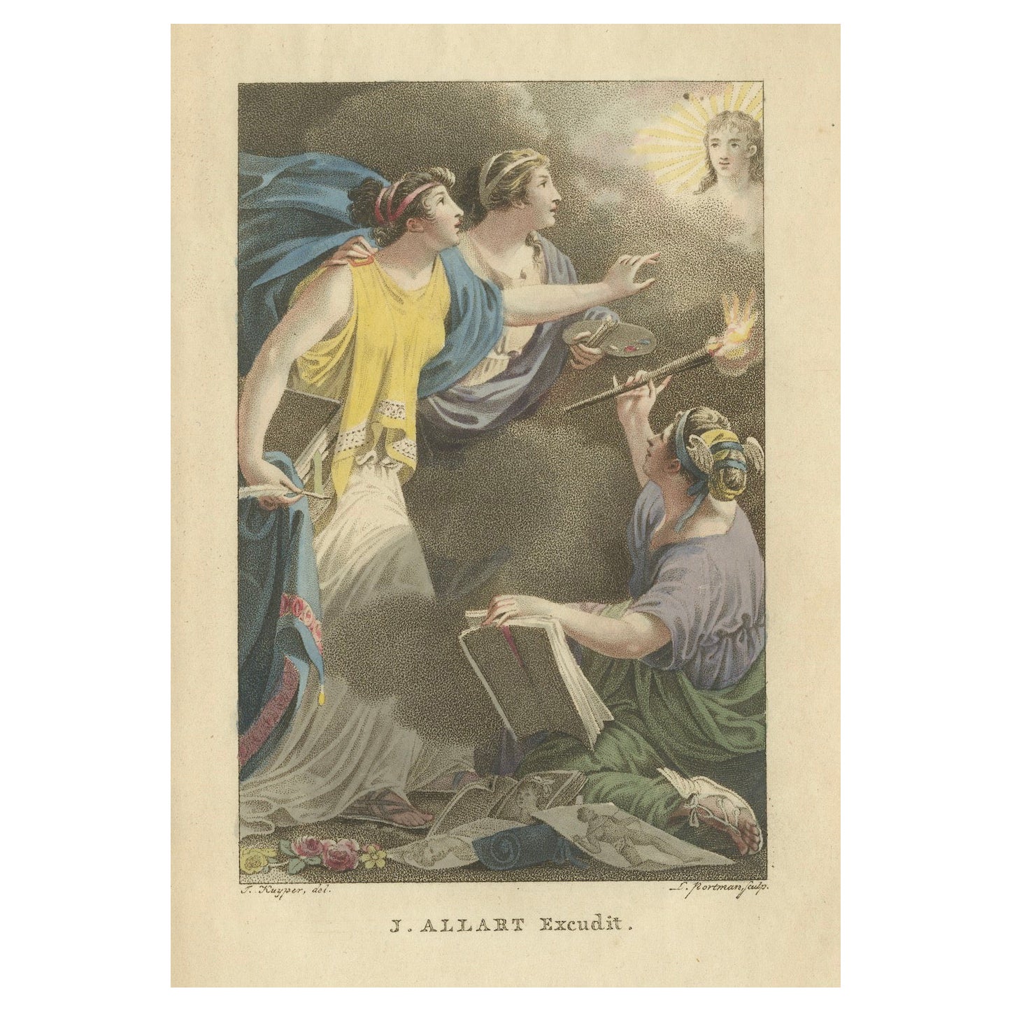 Allégorie des Antiques - Gravure ancienne à la main par J. Allart, 1803