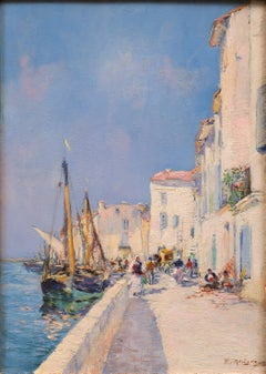 "An Animated Quay in Martigues, France" 19th Cent. Raymond Allègre (1857-1933)