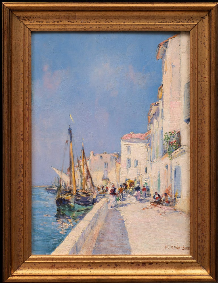 Allegre Raymond Landscape Painting - "An Animated Quay in Martigues, France" 19th Cent. Raymond Allègre (1857-1933)