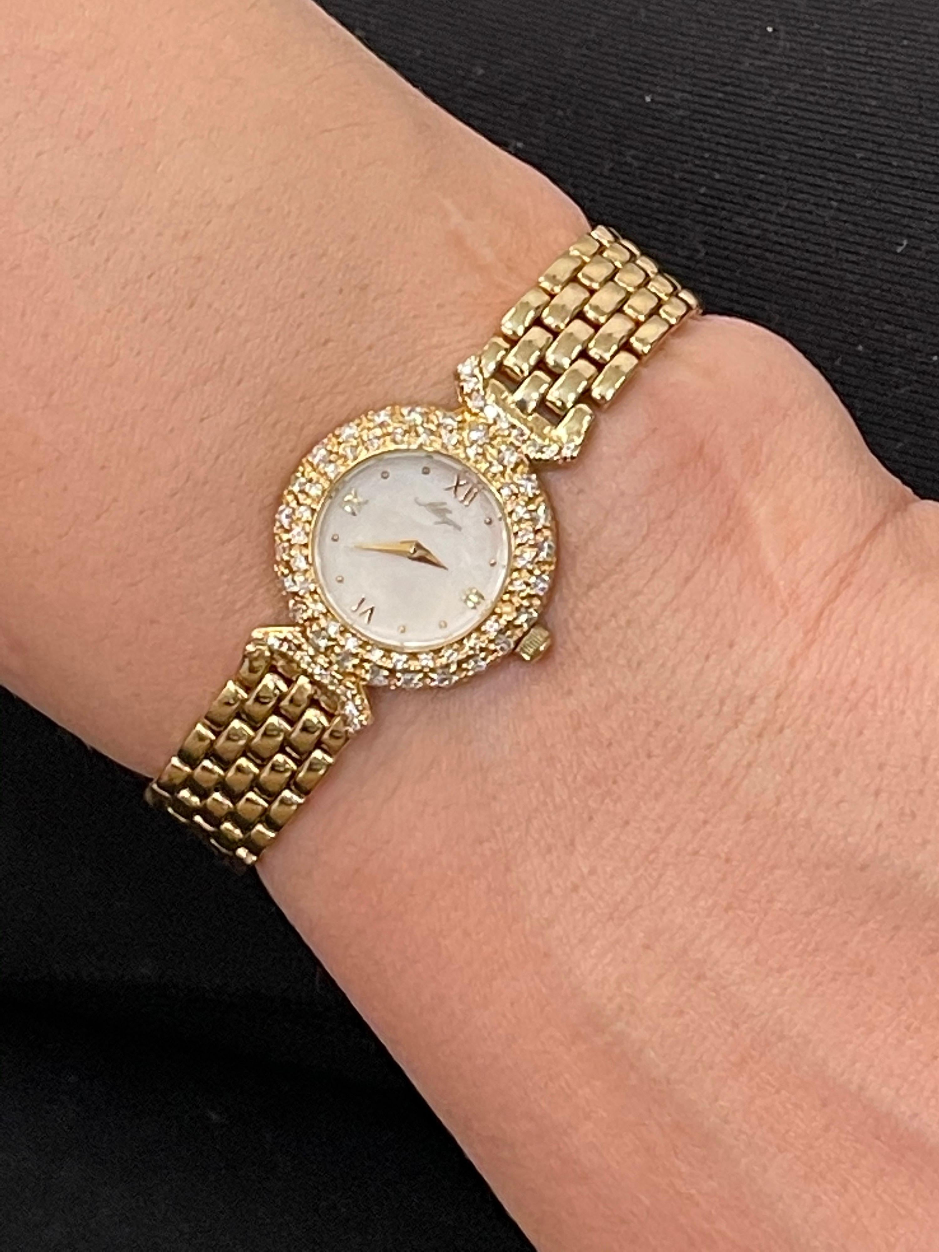 Allegro 14 Karat Yellow Gold Mother of Pearl And Diamond Watch 43 Grams 4