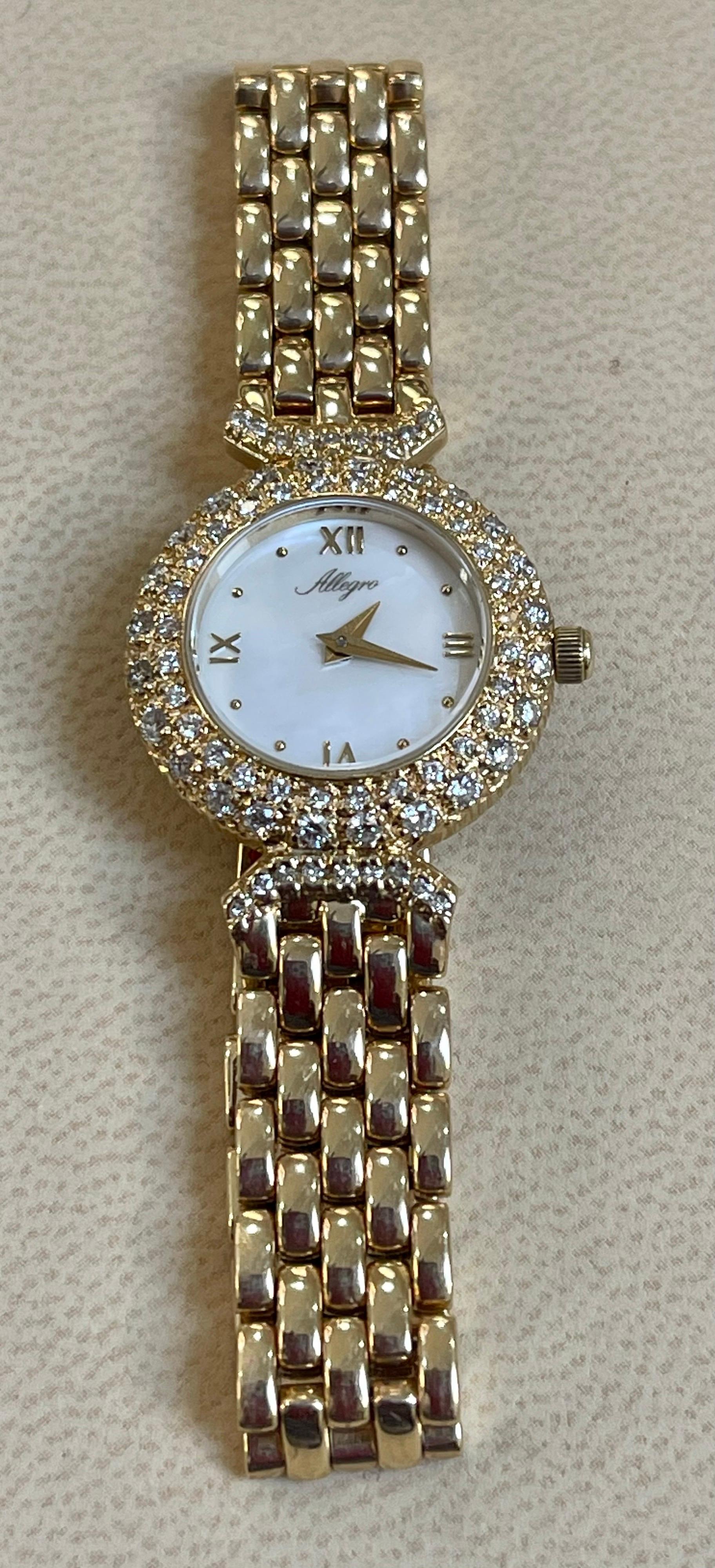 About
A Allegro 14 Karat Gold Mother of Pearl Watch 43 Grams with a mesh Rolex bracelet. The case measures 20 mm in diameter.
Metal: 14K Yellow Gold
Total Weight: 43 grams
Dial has two rows of diamonds around it.
Details
- Swiss Made
-  Solid 14k