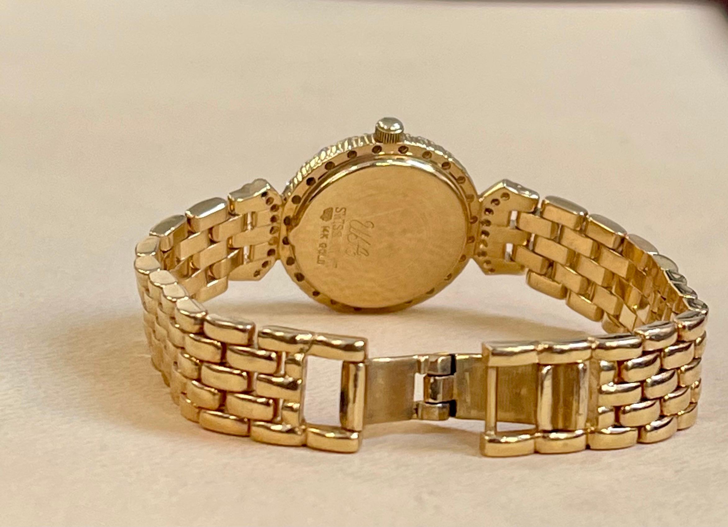 Round Cut Allegro 14 Karat Yellow Gold Mother of Pearl And Diamond Watch 43 Grams