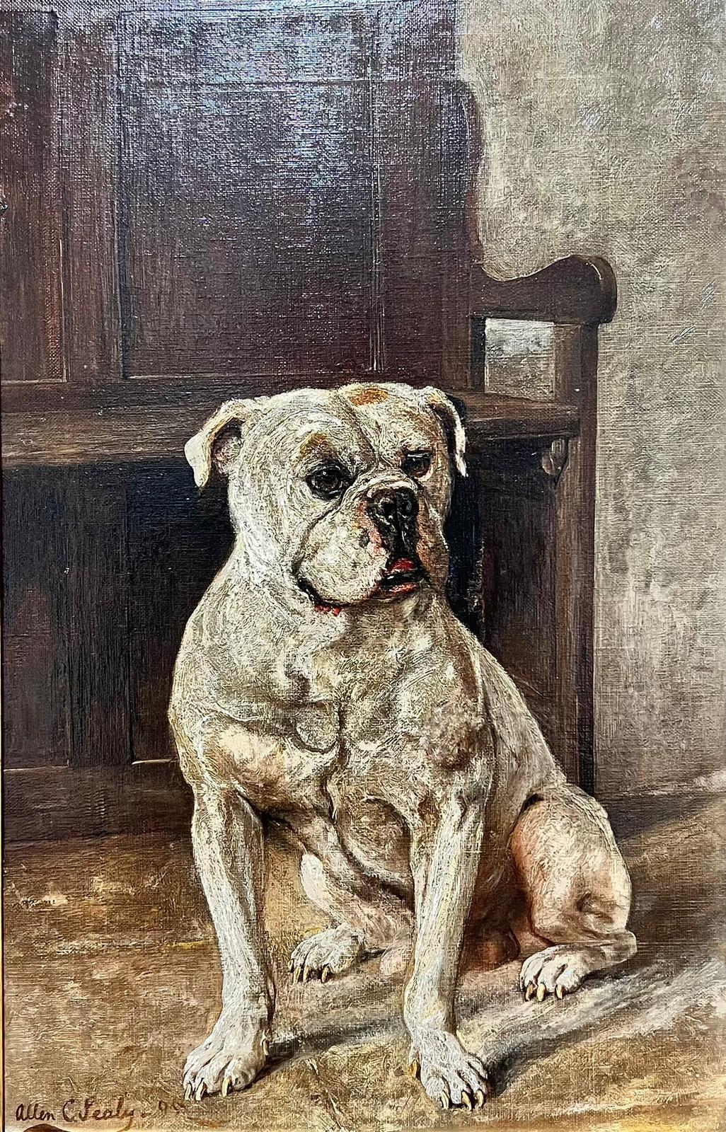 Sitting White Bulldog / Staffordshire Bull Terrier?
Allen Culpepper Sealy (British 1850 - 1927)
signed and dated (18)95
framed: 26.5 x 20 inches
canvas: 18 x 11.5 inches
signed oil on canvas, framed
provenance: private collection,