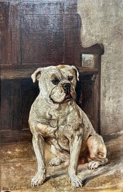 Antique British Dog Oil Painting Portrait of Staffordshire Terrier/ Bulldog ?