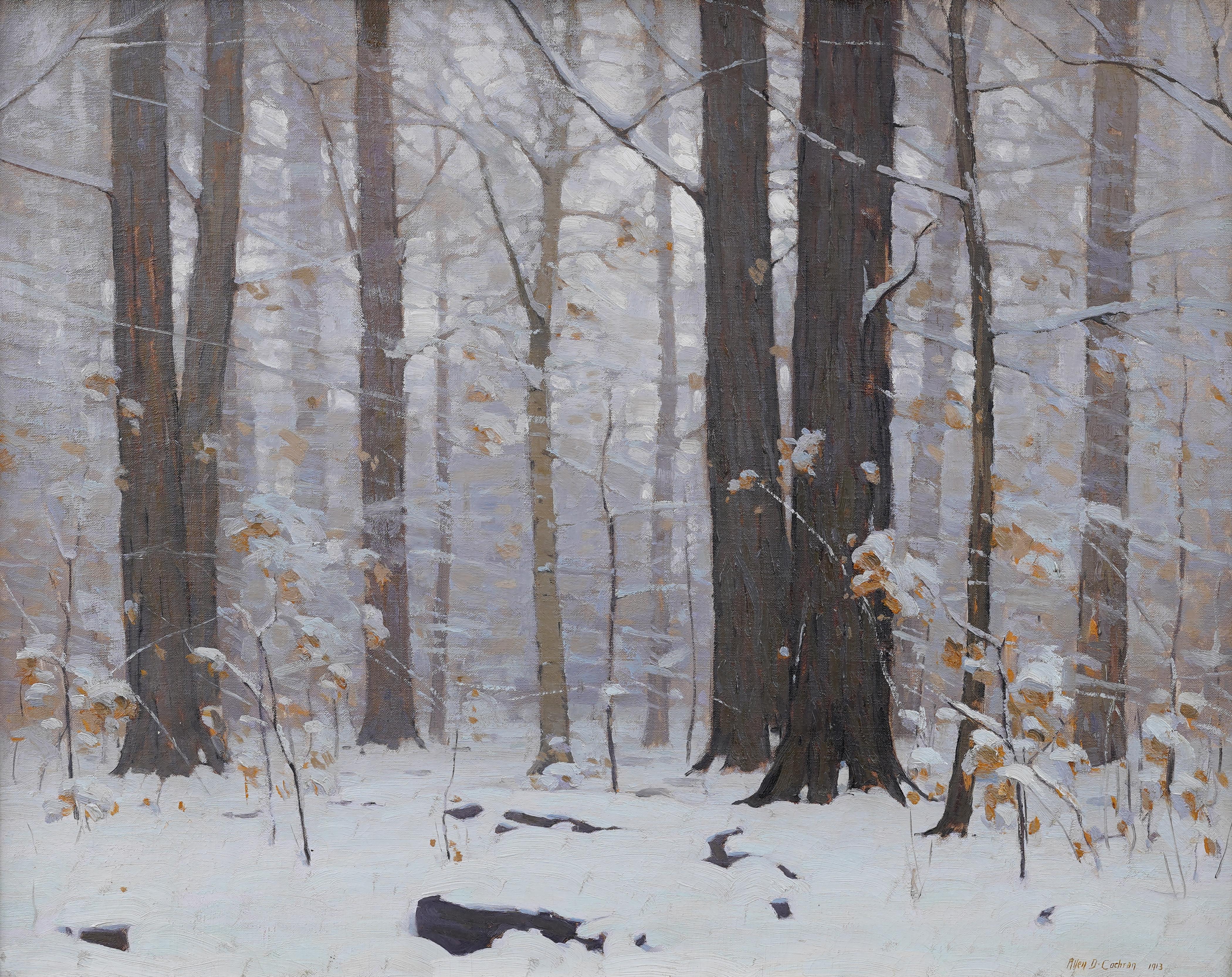 Antike Masterly Frame American Winter Impressionist verschneite Landschaft Gemälde (Impressionismus), Painting, von Allen Dean Cochran