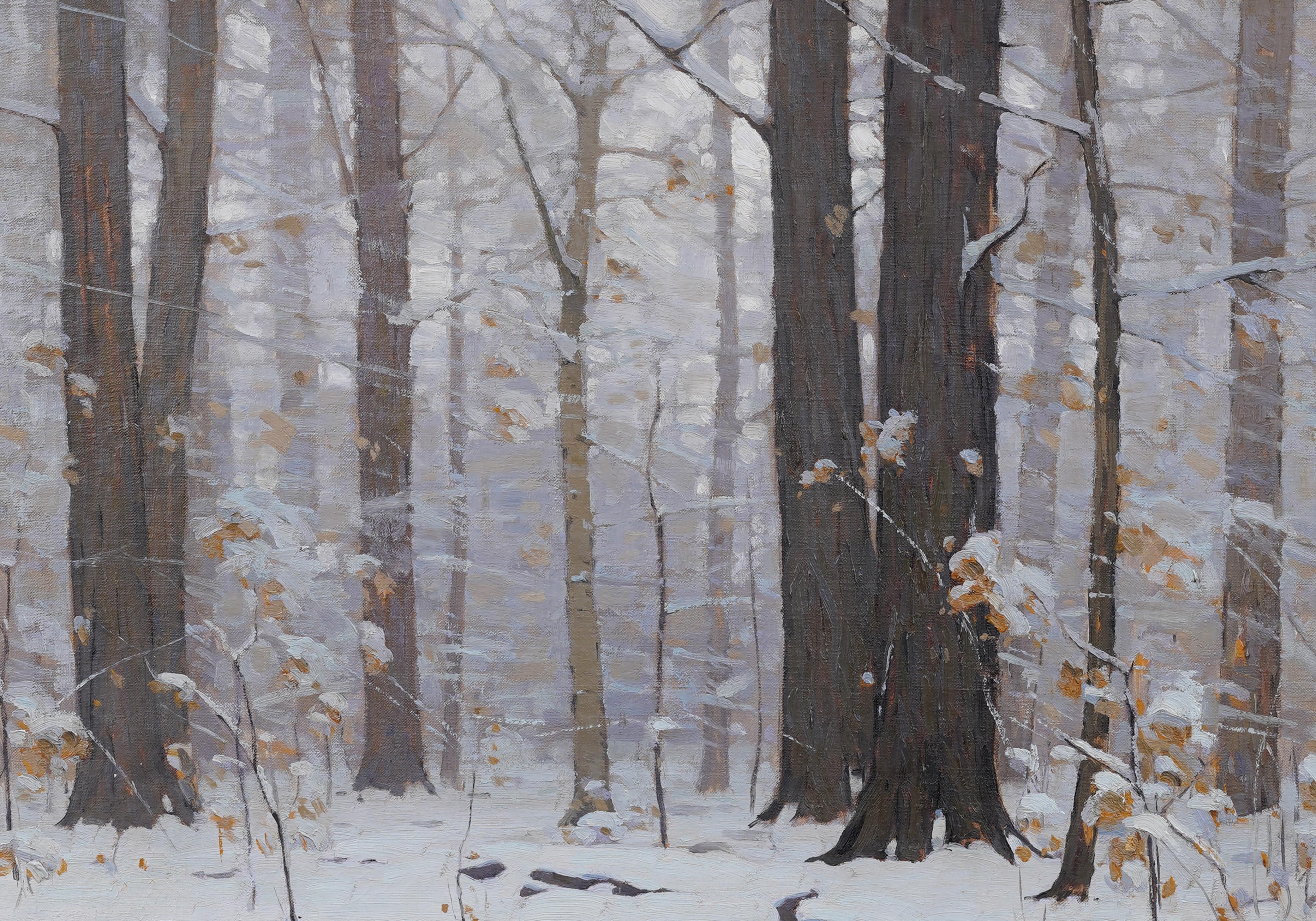 Sehr fein gemalte impressionistische Winterlandschaft von Allen Dean Cochran (1888 - 1971).  Öl auf Leinwand.  Untergebracht in einem spektakulären, zeitgenössischen Rahmen aus Gold und Goldholz.  Unterschrieben.  