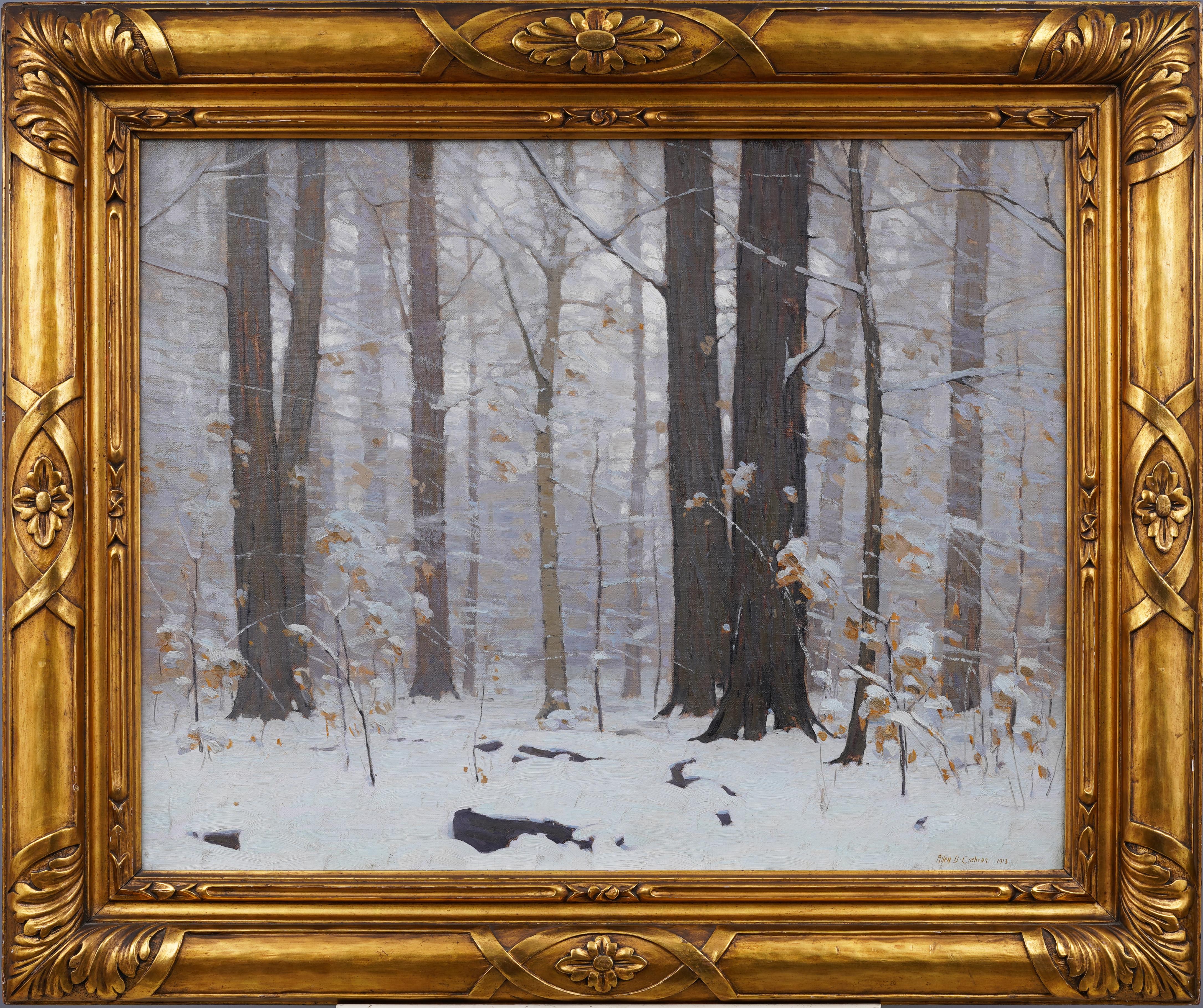 Paysage impressionniste hivernal très finement peint par Allen Deans (1888 - 1971).  Huile sur toile.  Il est présenté dans un spectaculaire cadre d'époque en bois doré.  Signé.  