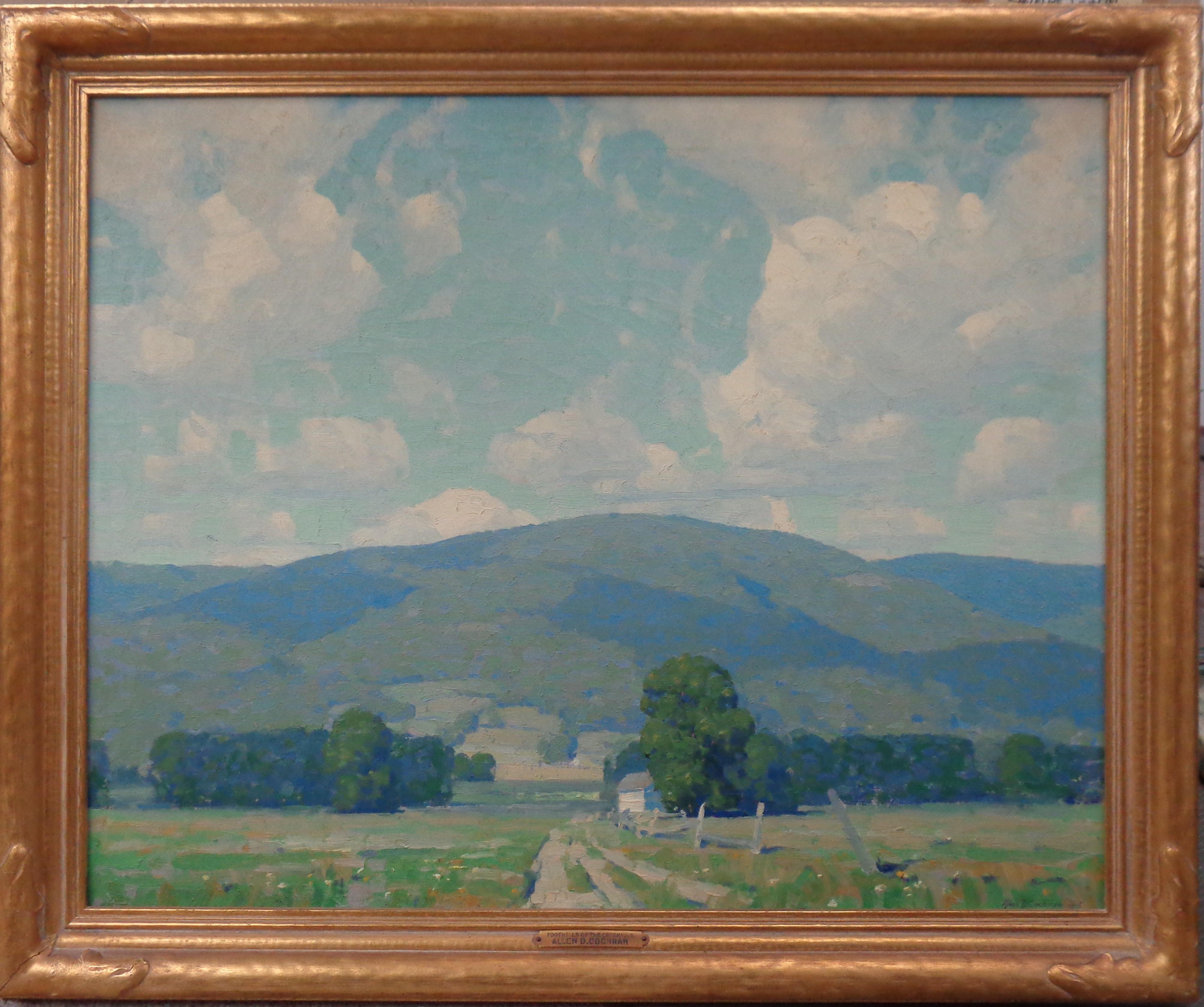 "Foothills of the Catskills," 1915 
 Oil on canvas 
 Signed and dated lower right: Allen D. Cochran, titled on the frame plaque  
 24" H x 30" W
CONDITION
Visual: Generally good condition. Craquelure scattered throughout. Minor stretcher bar creases