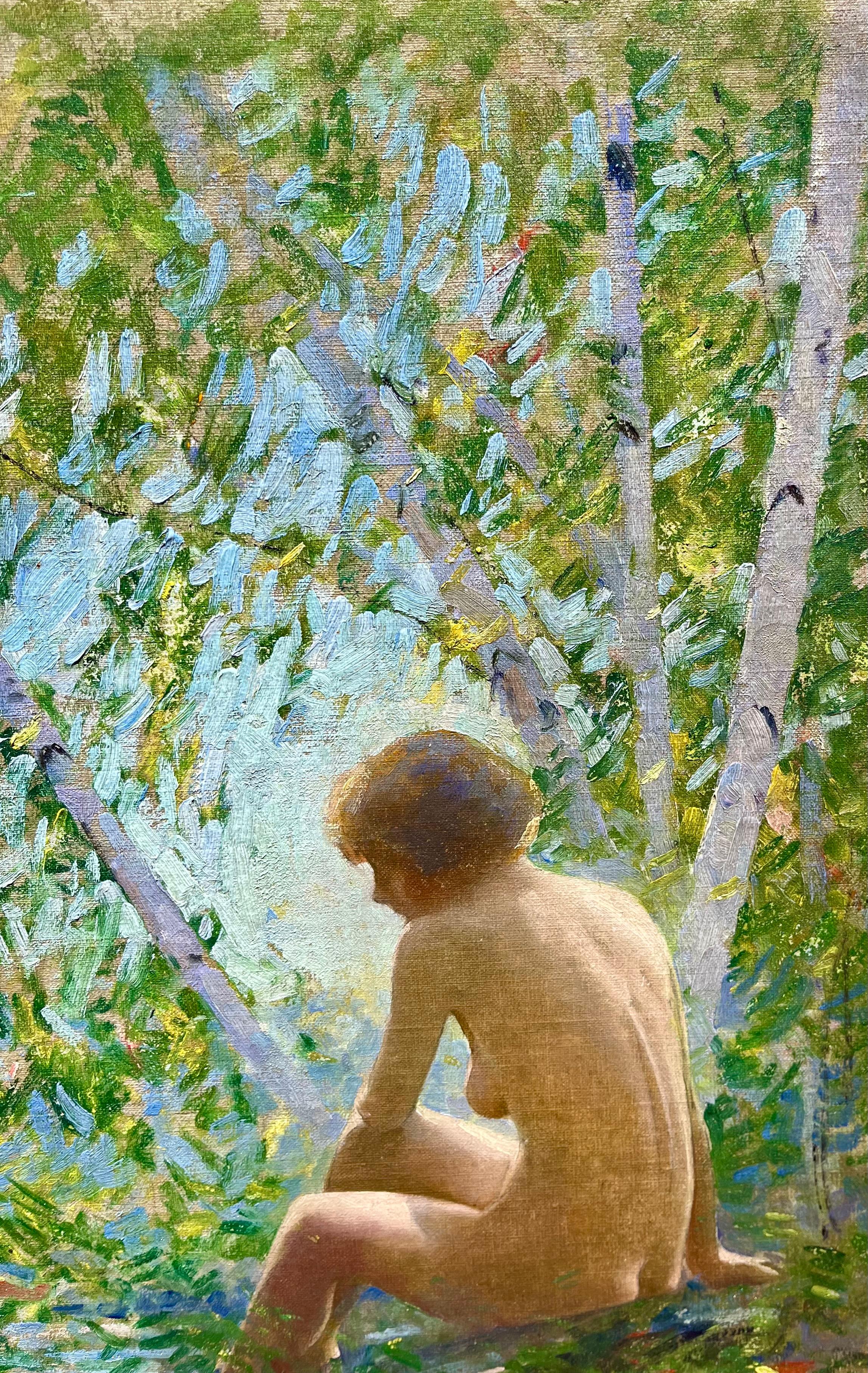 Donna nuda lungo il ruscello - Figurative Painting Marrone di Allen Dean Cochran