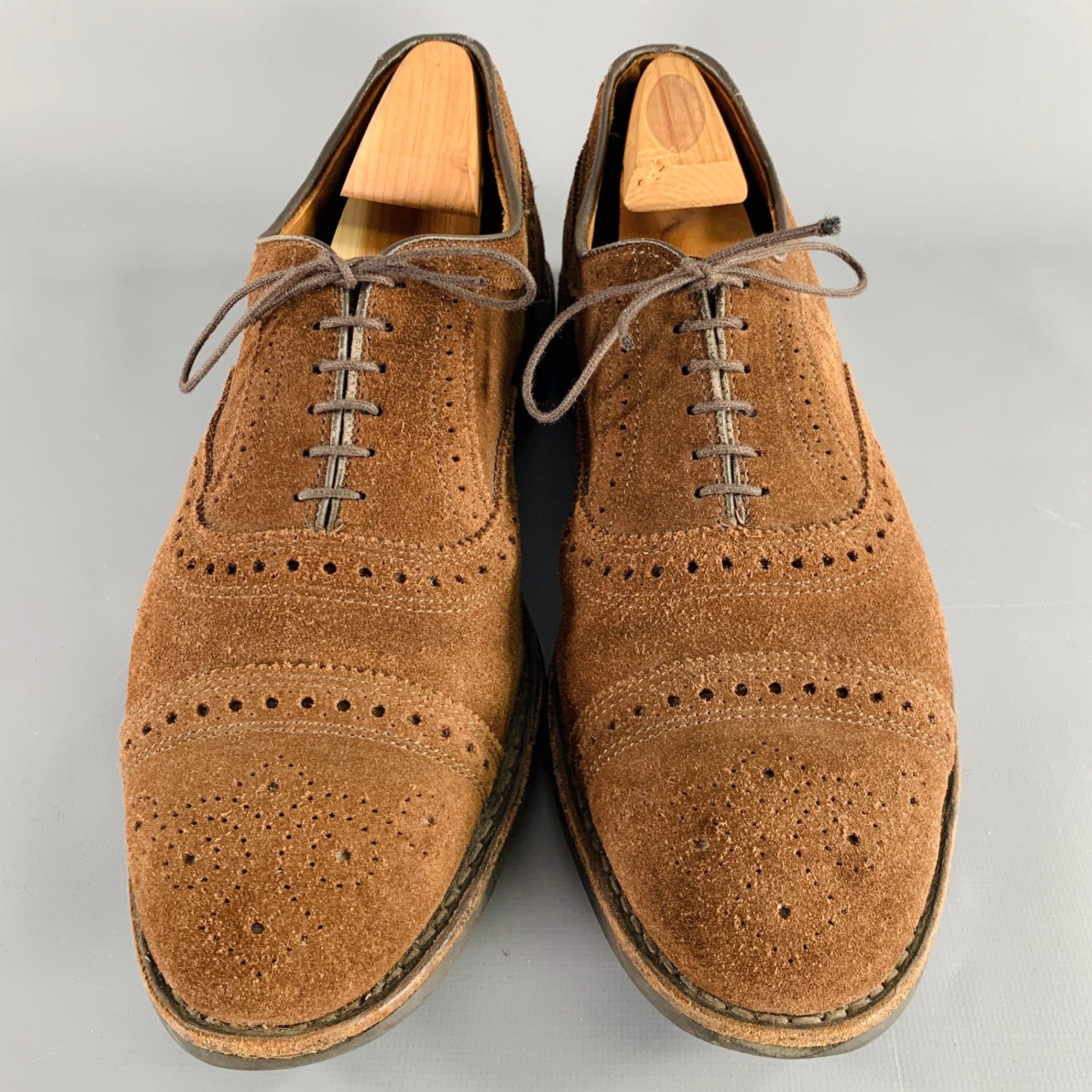 Men's ALLEN EDMONDS Size 10.5 Strand Brown Perforated Suede Cap Toe Oxford Shoes For Sale