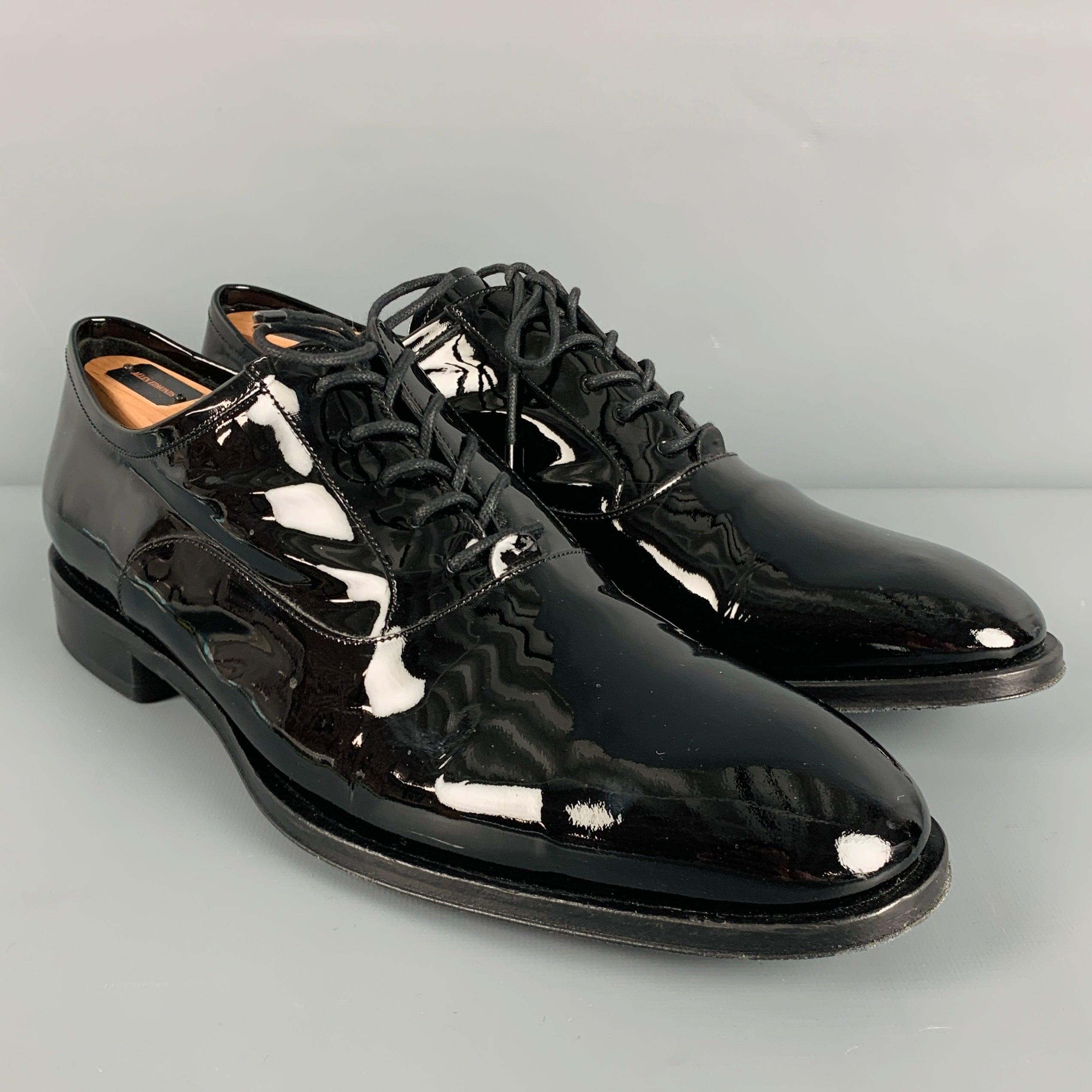 ALLEN EDMONDS x LA SCALA shoes in black patent leather featuring an almond toe style and lace-up closure. Comes with shoe trees. Made in Italy.Very Good Pre-Owned Condition. Minor signs of wear. 

Marked:   20150 32/17 11 DOutsole: 12.25 x 4.25