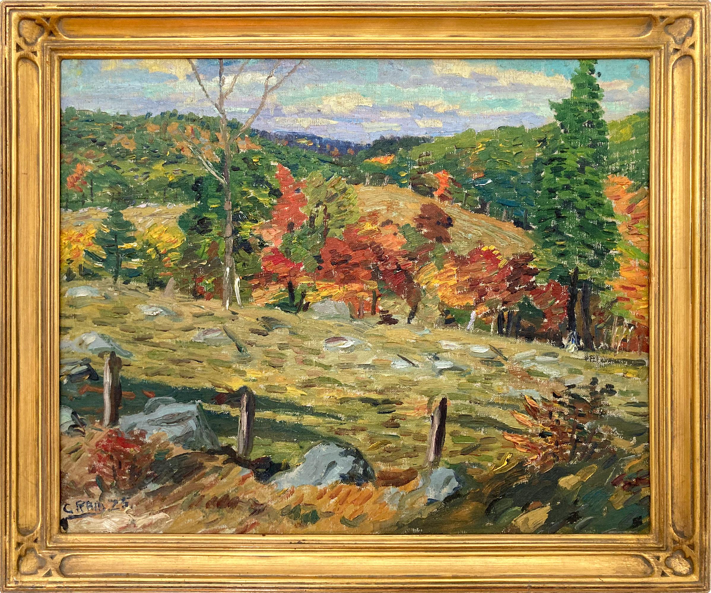 Allen Gilbert Cram Landscape Painting - "Ranch Life" Colorful Autumn Impressionist Landscape Oil Painting on Board Frame
