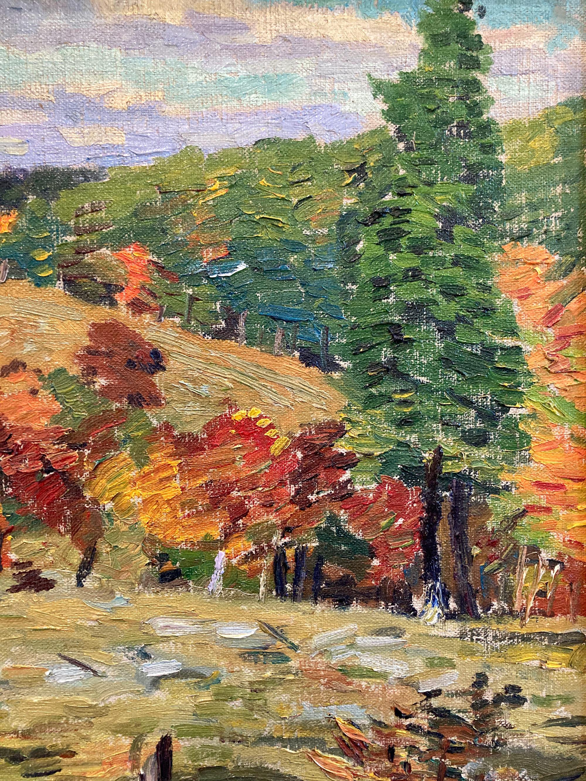 A beautiful oil painting of an autumn landscape by Allen Gilbert Cram. The artist was an American impressionist painter known for his colorful landscapes depicting the times of his generation. This painting is a wonderful example of his work from