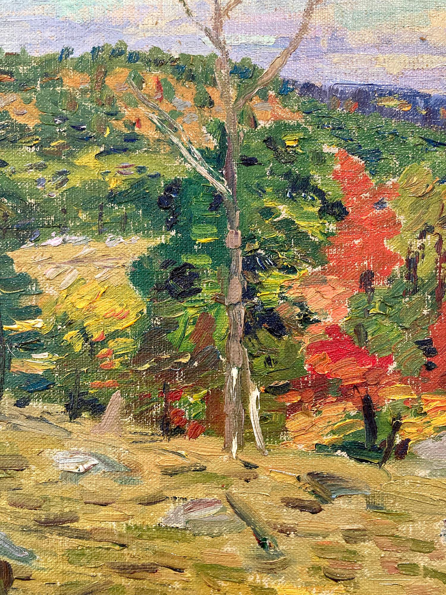 A beautiful oil painting of an Autumn landscape by Allen Gilbert Cram. The artist was an American painter known for his colorful landscapes depicting the times of his generation. This painting is a wonderful example of his work from the prime of his