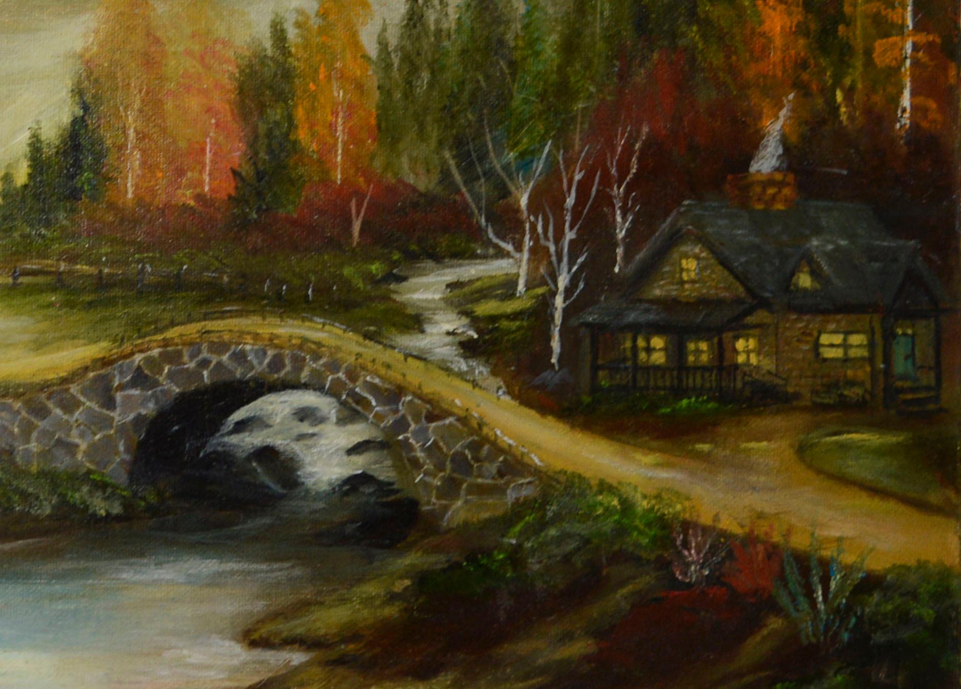 Cabin by the River, Autumn Landscape with Stone Bridge - Painting by Allen Jones