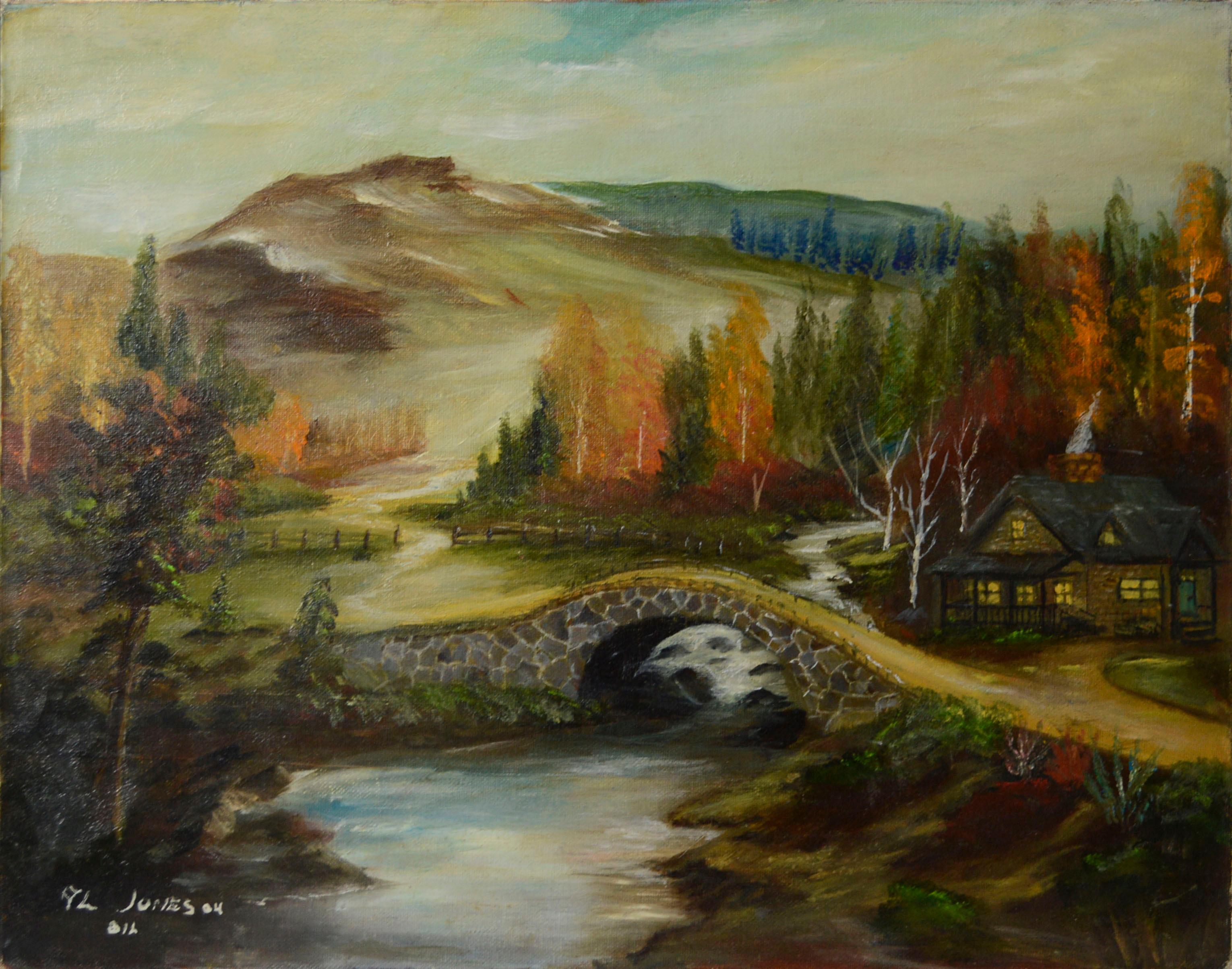 Allen Jones Landscape Painting - Cabin by the River, Autumn Landscape with Stone Bridge