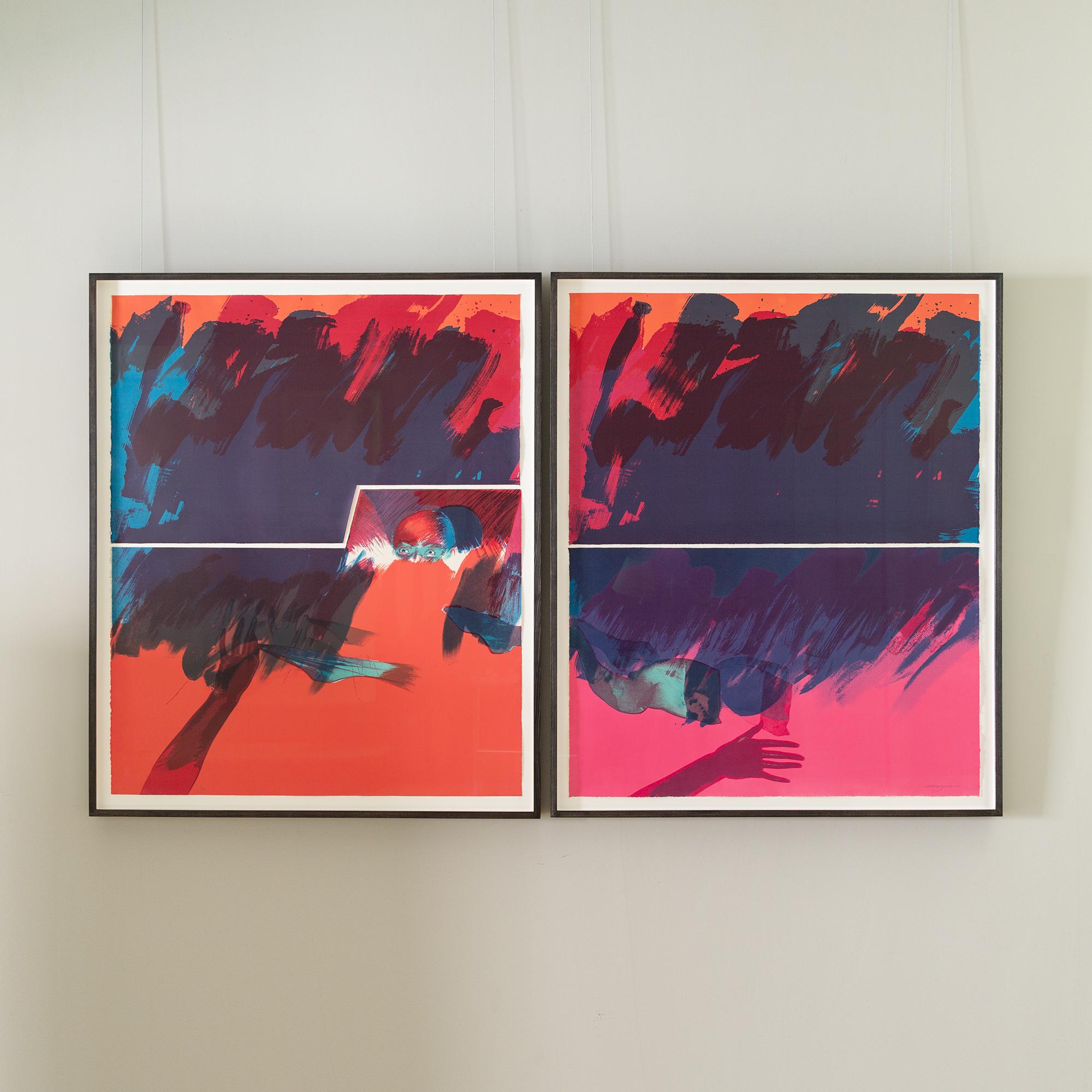 Impromptu, 1981 - Large Red and Blue Diptych Abstract Print, Across Two Frames For Sale 1