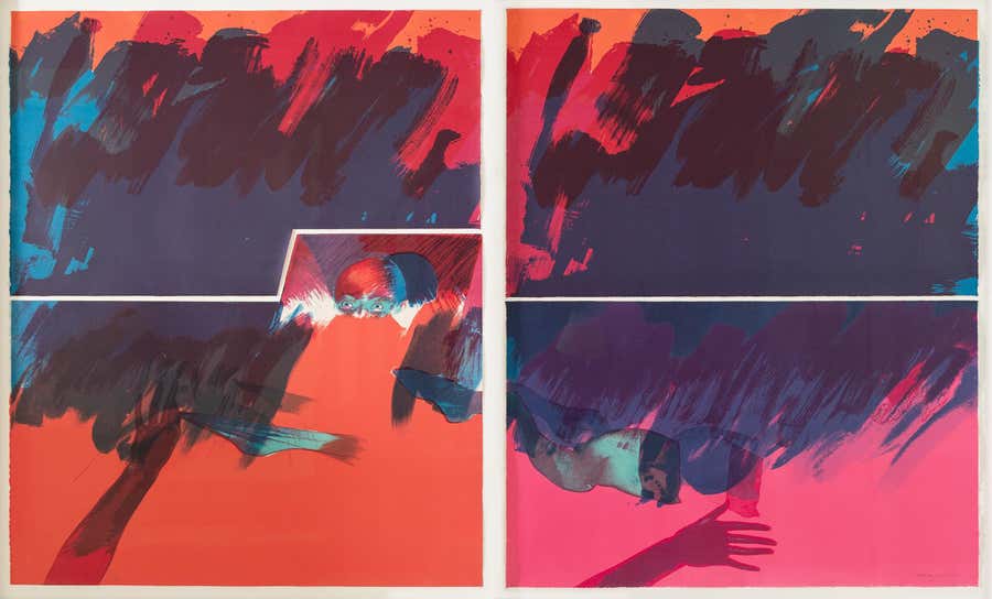 Impromptu, 1981 - Large Red and Blue Diptych Abstract Print, Across Two Frames