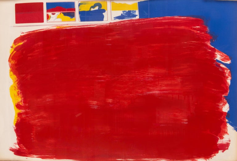 This large Allen Jones lithograph is printed exuberantly in primary colors. A swath of bright red brushstrokes represents the side of a bus. In the upper left, small windows reveal the passengers: a woman’s face is cut off above her vampy red lips,