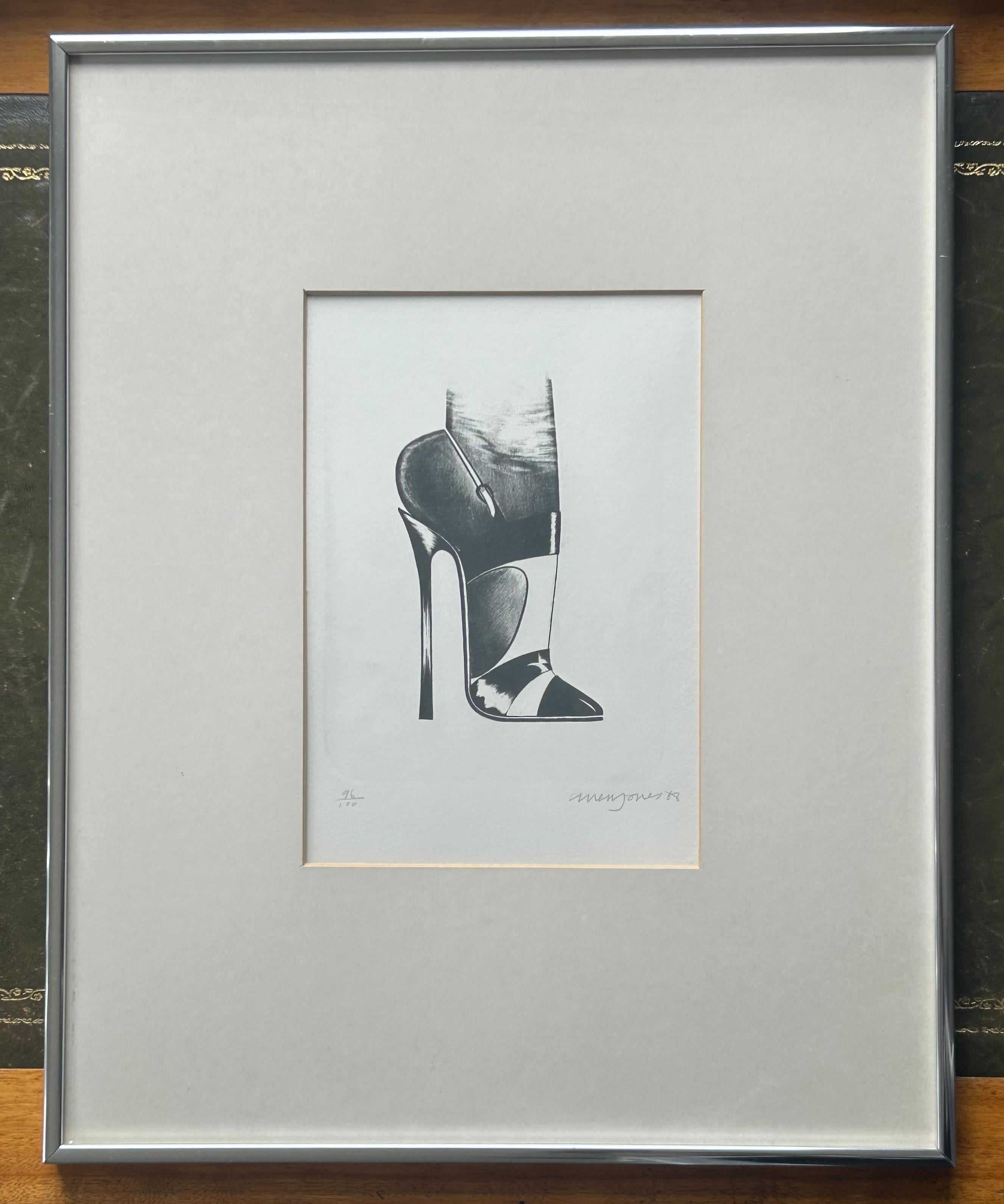 Allen Jones (b.1937)
Shoe
1968
Etching 96/100
21.6 x 16.0 cm
Frame: 50.5 x 40.5 cm
Signed

Allen Jones studied at Hornsey College of Art from 1955 to 1959 and the Royal College of Art from 1959 to 1960. Between 1961 and 1983 he taught at Croydon