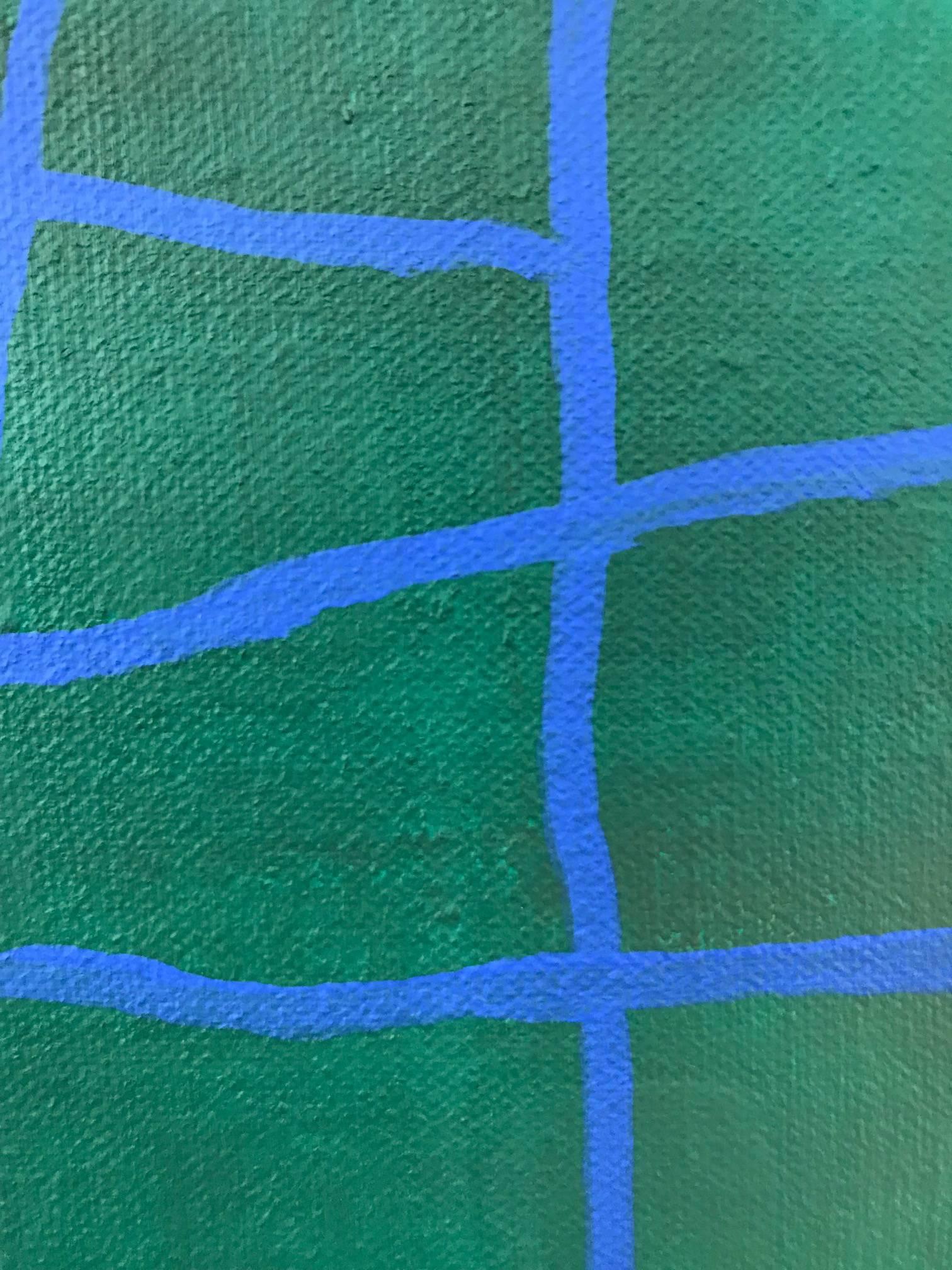 Senza titolo: astratto lineare blu su verde - Painting Astratto di Allen Kubach