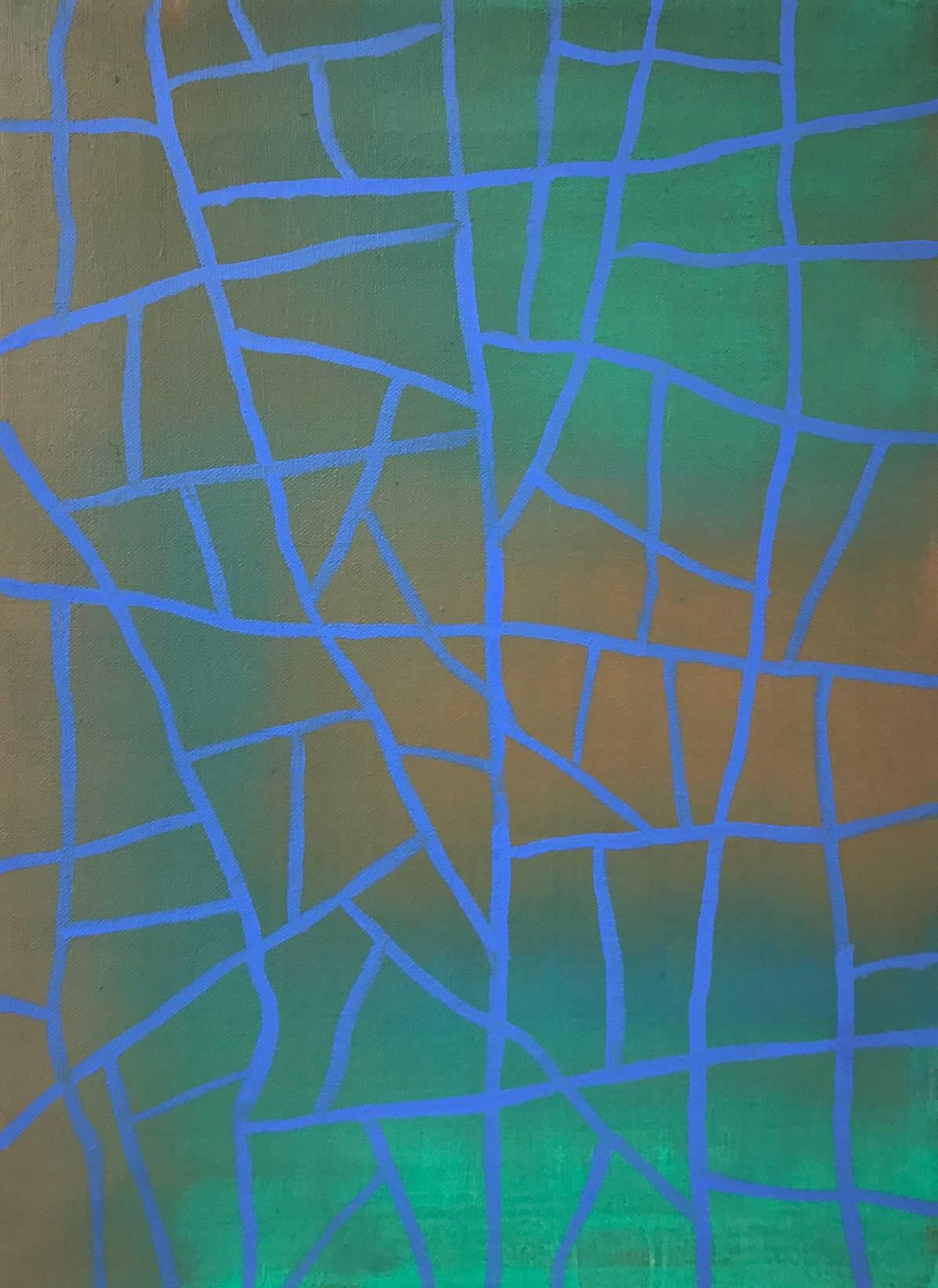 Allen Kubach Abstract Painting - Untitled: Blue Linear Abstract on Green