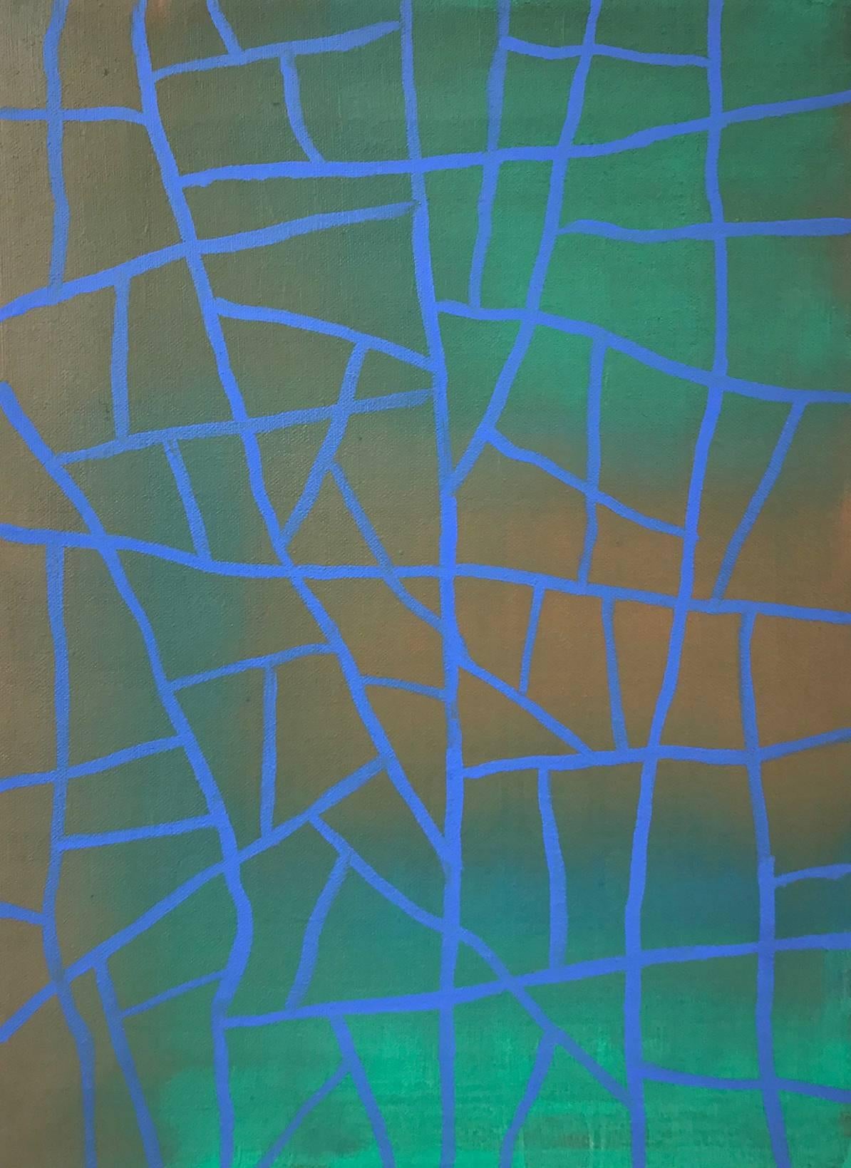 Abstract Painting di Allen Kubach - Senza titolo: astratto lineare blu su verde