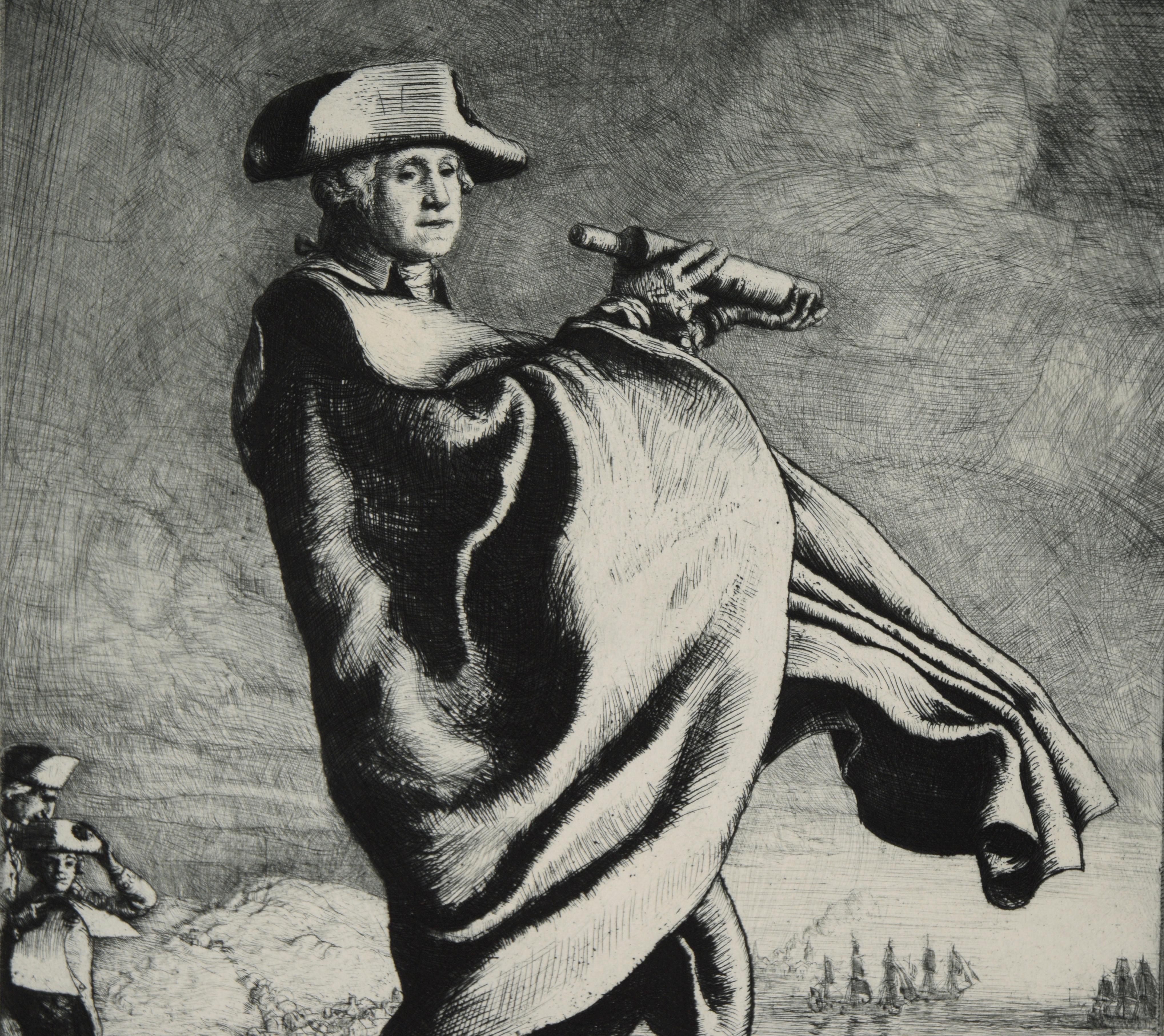 The British Evacuate Boston - 1932 Etching on Paper - Beige Landscape Print by Allen Lewis