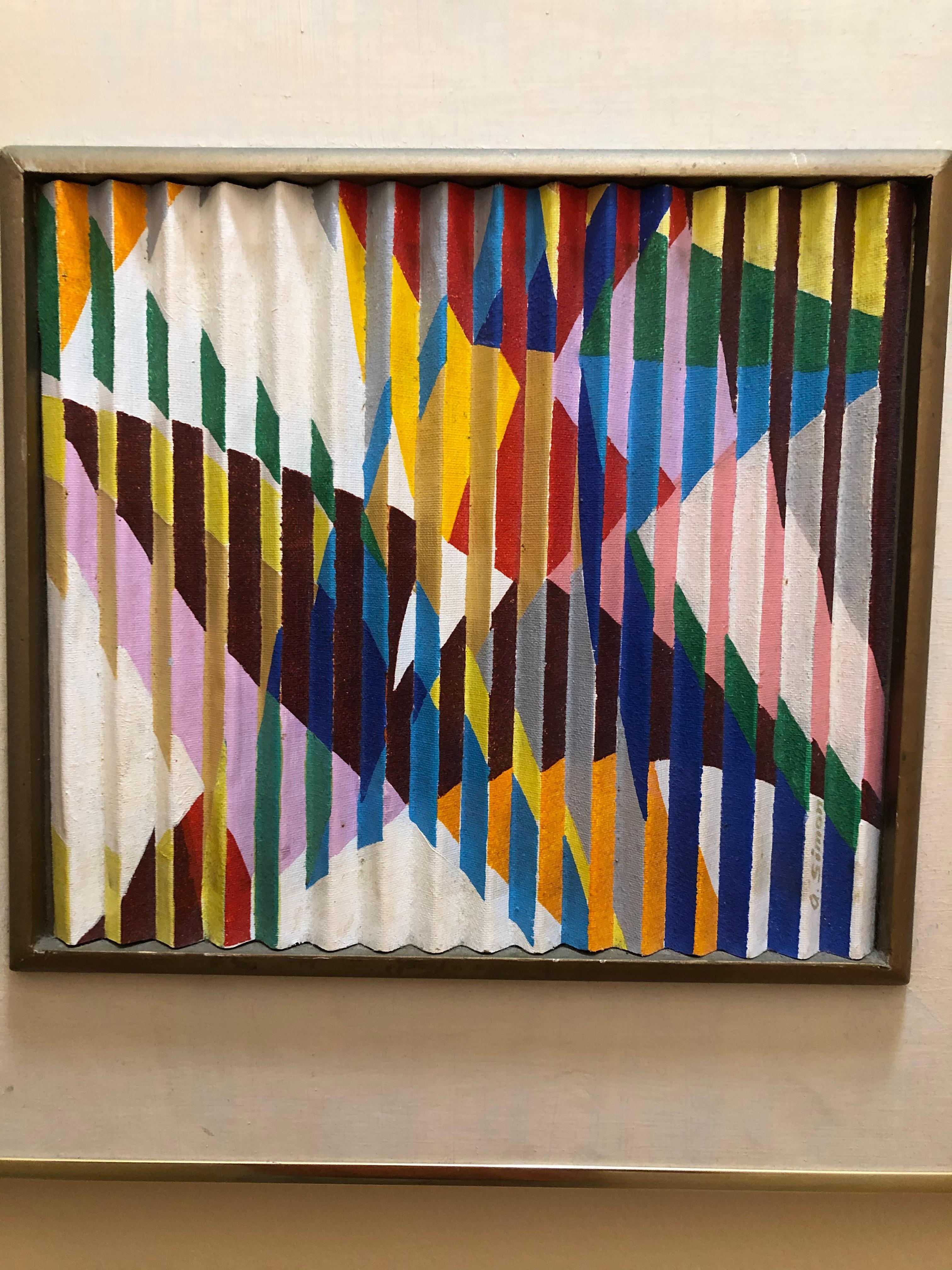 Allen Simon: 1917-2007. He was born in England but lived and studied in Ney York city. He studied at Cooper Union, National Academy of Design and the Art Students League. He is best known for these optical abstract paintings that were inspired by