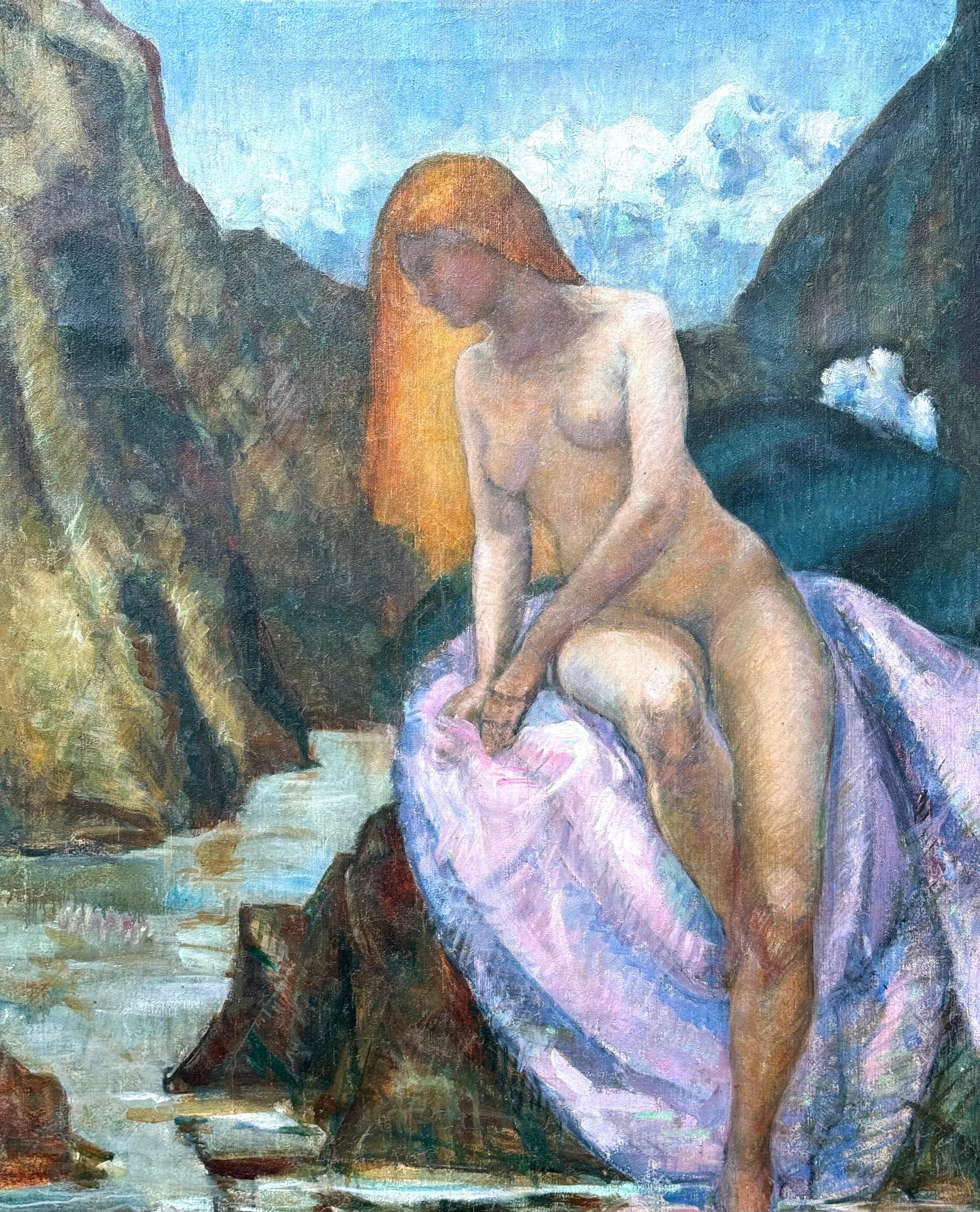 
Original-Ölgemälde auf Leinwand eines jungen Mädchens, das in der Nähe eines dramatischen Baches mit großen Felsbrocken sitzt. Der Hand von Allen Townsend Terrell zugeschrieben.  Verso signiert 