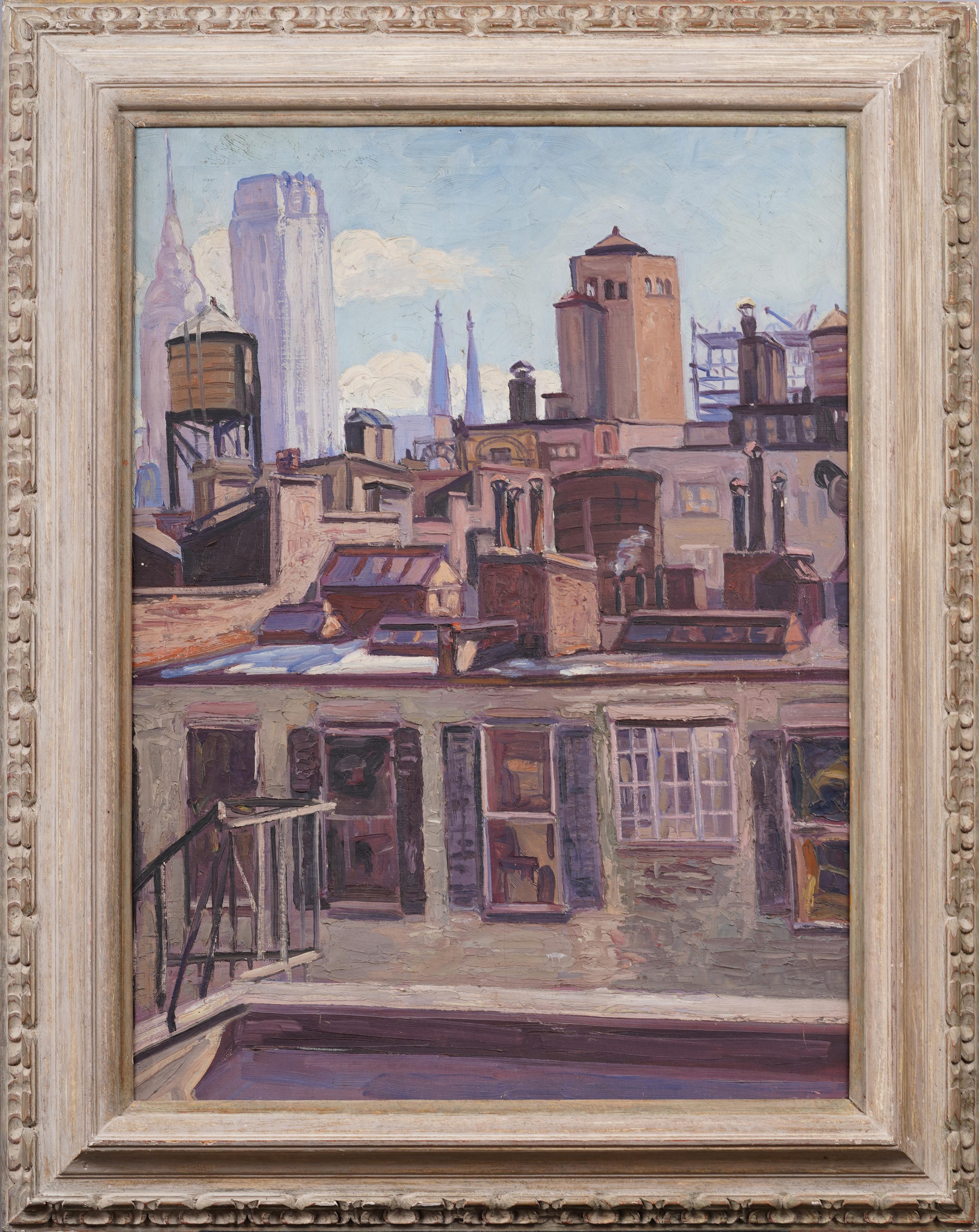 Antico paesaggio urbano di New York, impressionista americano, dipinto a olio con cornice di grandi dimensioni - Painting di Allen Tucker