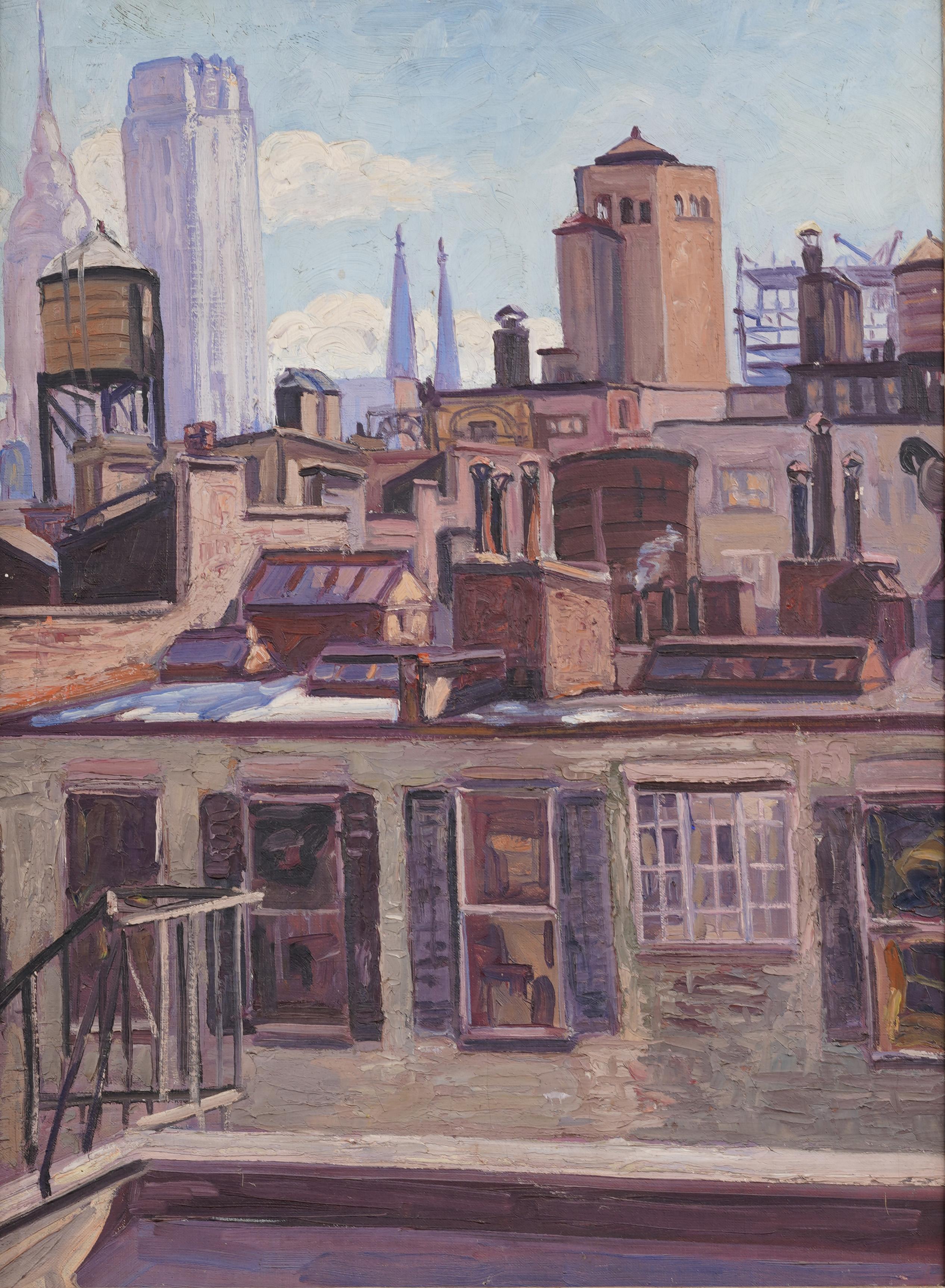 Antico paesaggio urbano di New York, impressionista americano, dipinto a olio con cornice di grandi dimensioni - Painting Astratto di Allen Tucker