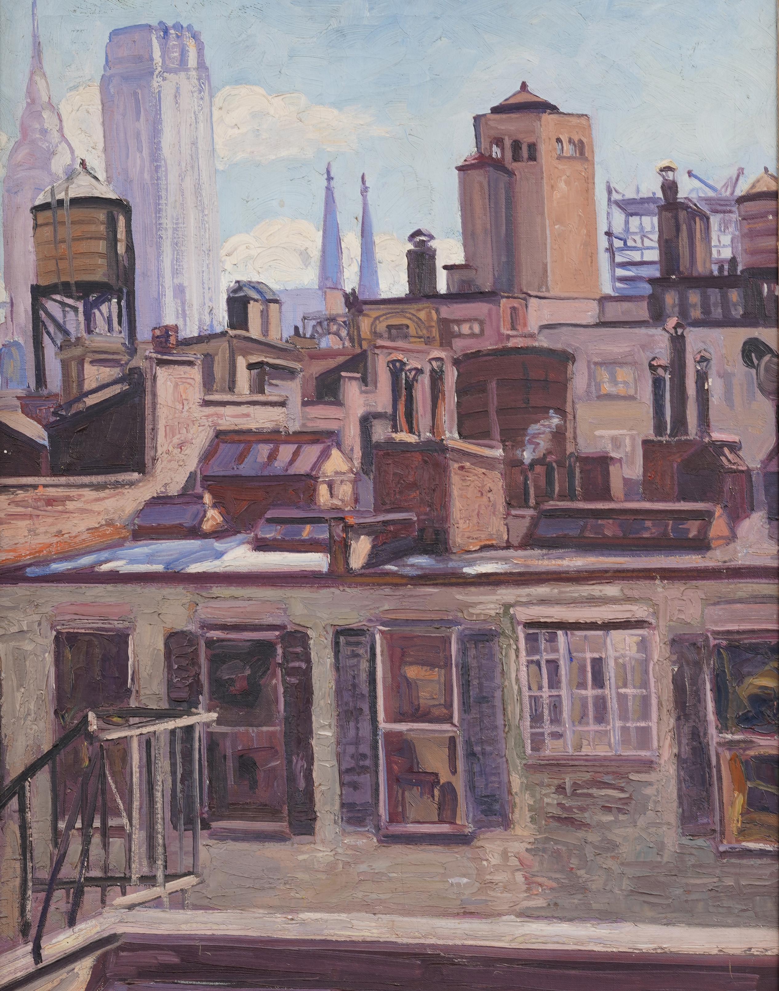 Antico paesaggio urbano di New York, impressionista americano, dipinto a olio con cornice di grandi dimensioni - Landscape Painting Marrone di Allen Tucker