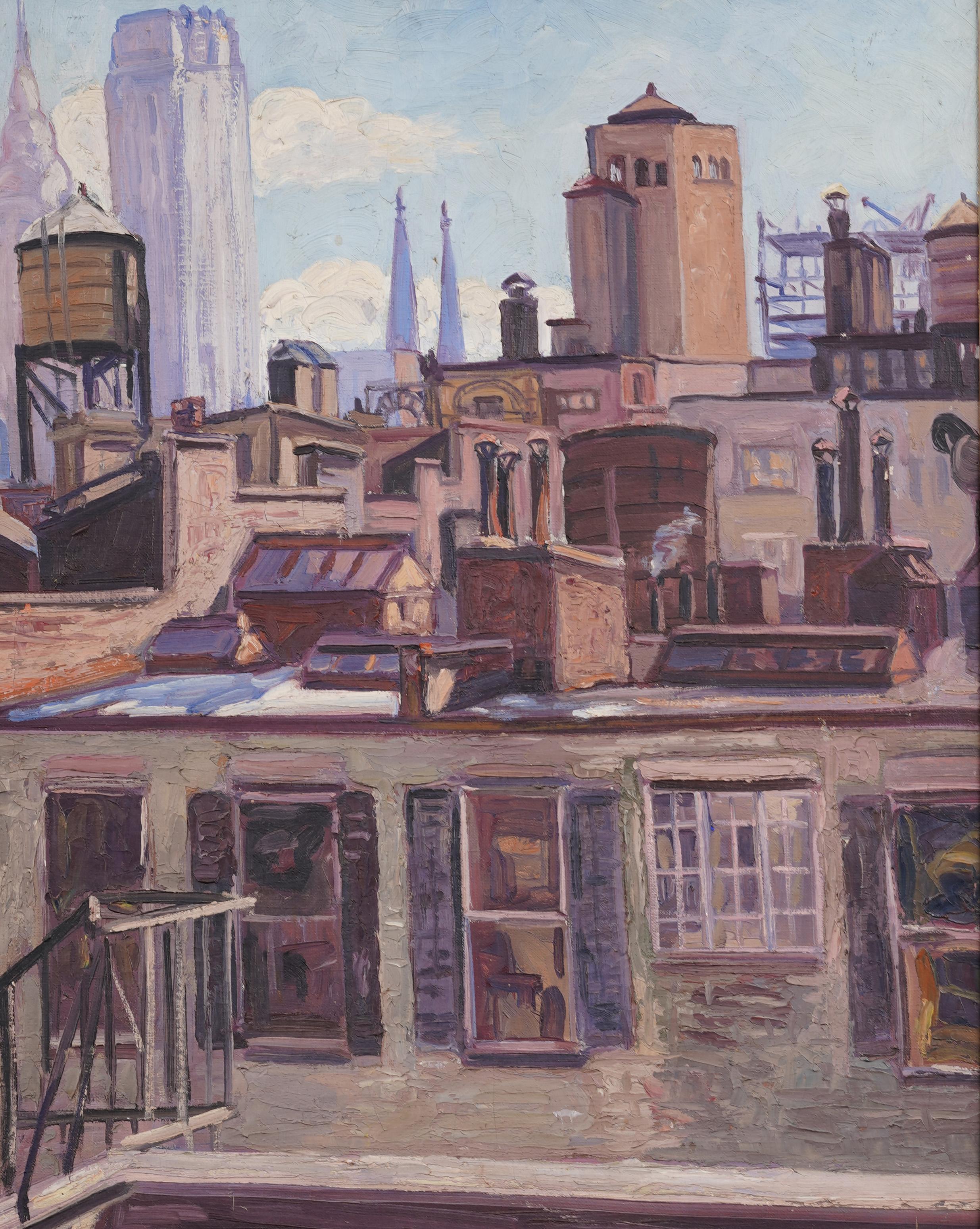 Impressionante dipinto a olio di paesaggio urbano del primo periodo impressionista americano attribuito ad Allen Tucker (1866 - 1939).  Incorniciato.  Olio su tela.  Senza segno.  Dimensioni dell'immagine, 30H per 22L.