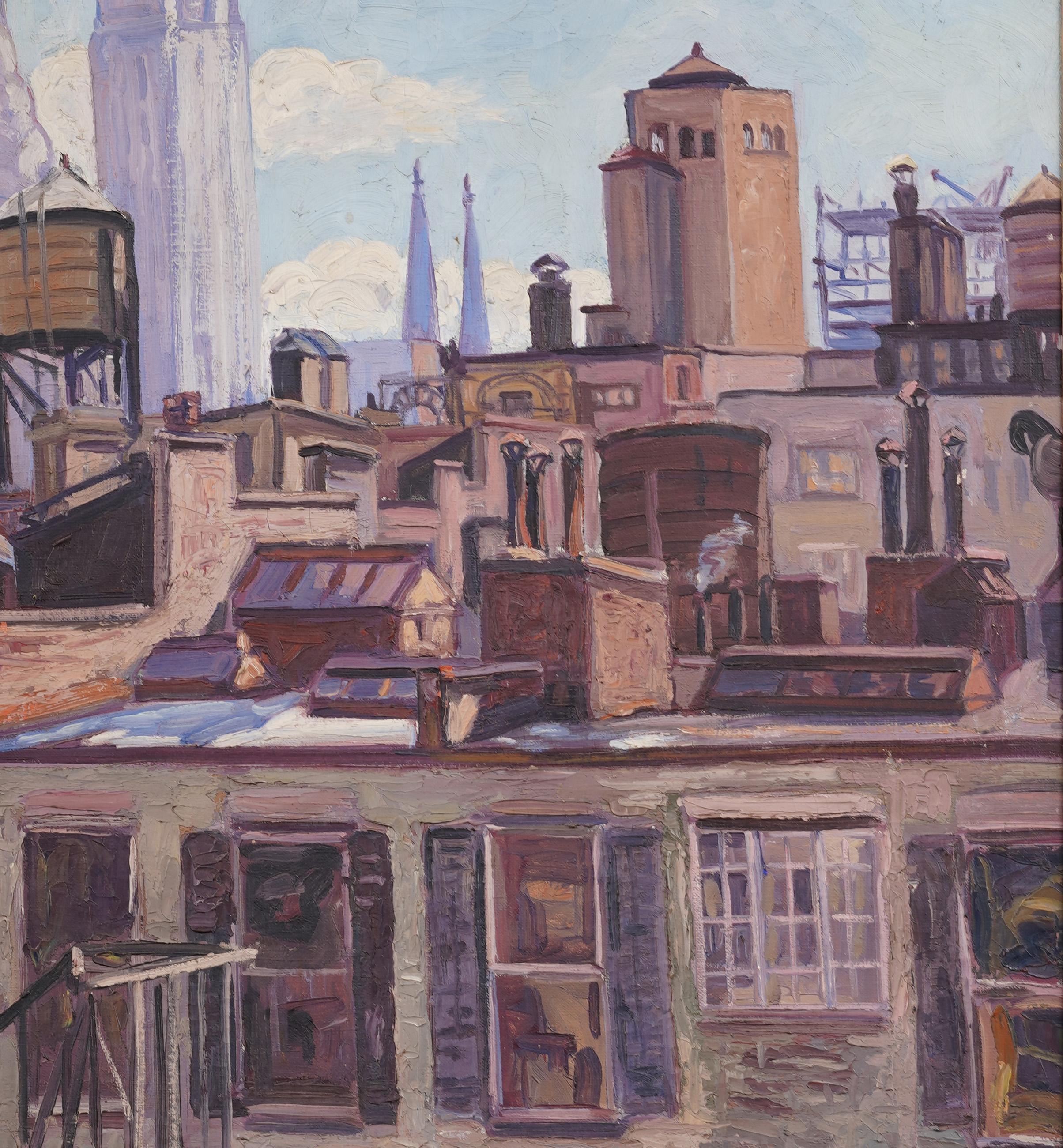 Antico paesaggio urbano di New York, impressionista americano, dipinto a olio con cornice di grandi dimensioni in vendita 1