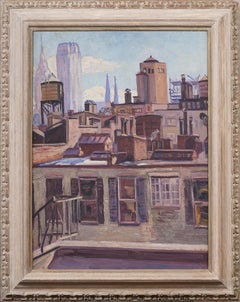 Antique American Impressionist New York Cityscape Framed Large Oil Painting