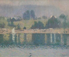 "Día brumoso, puerto de Nueva Inglaterra" Allen Tucker, Impresionista, Reflexiones