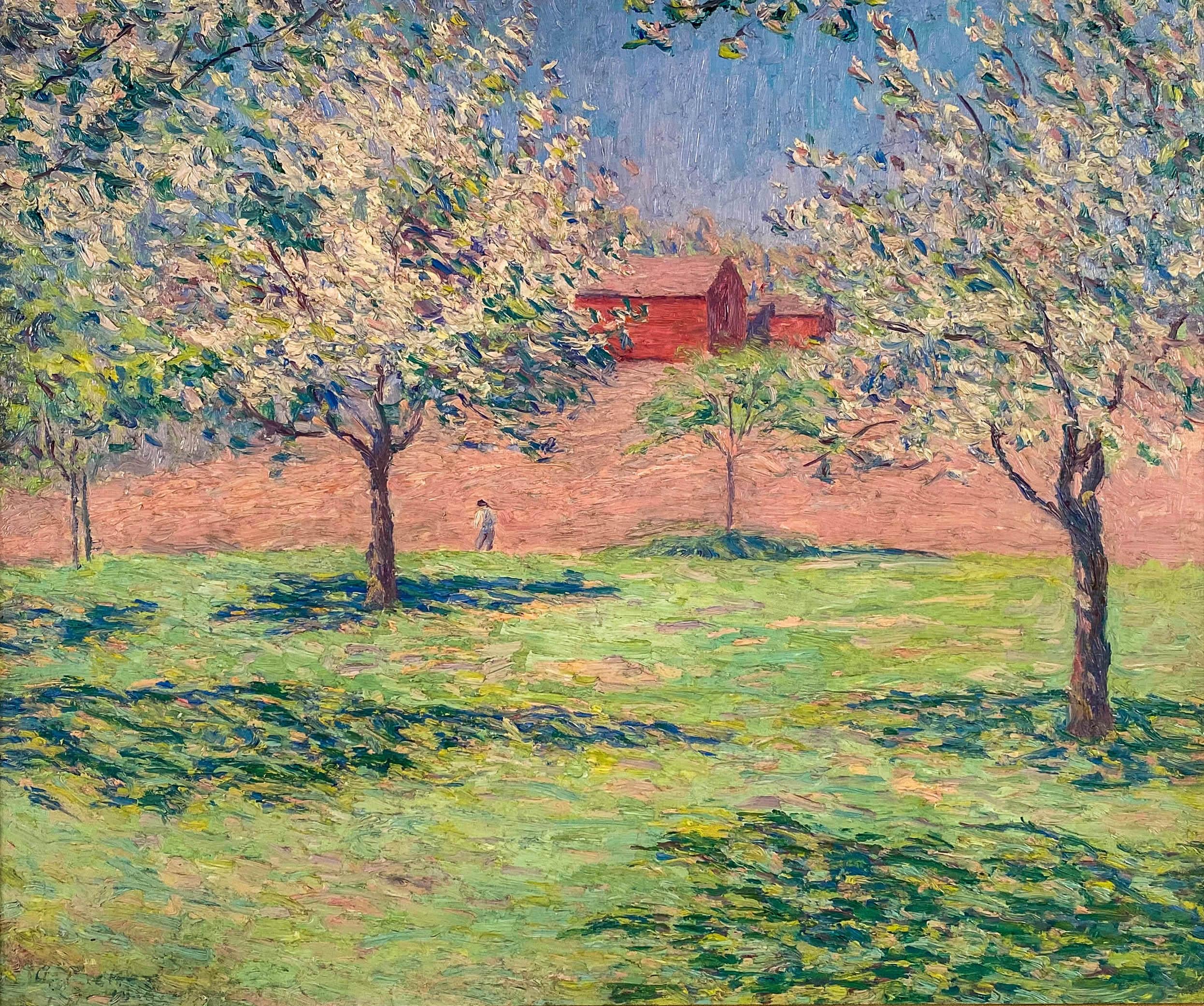 Red Barns and Apple Trees - Painting by Allen Tucker