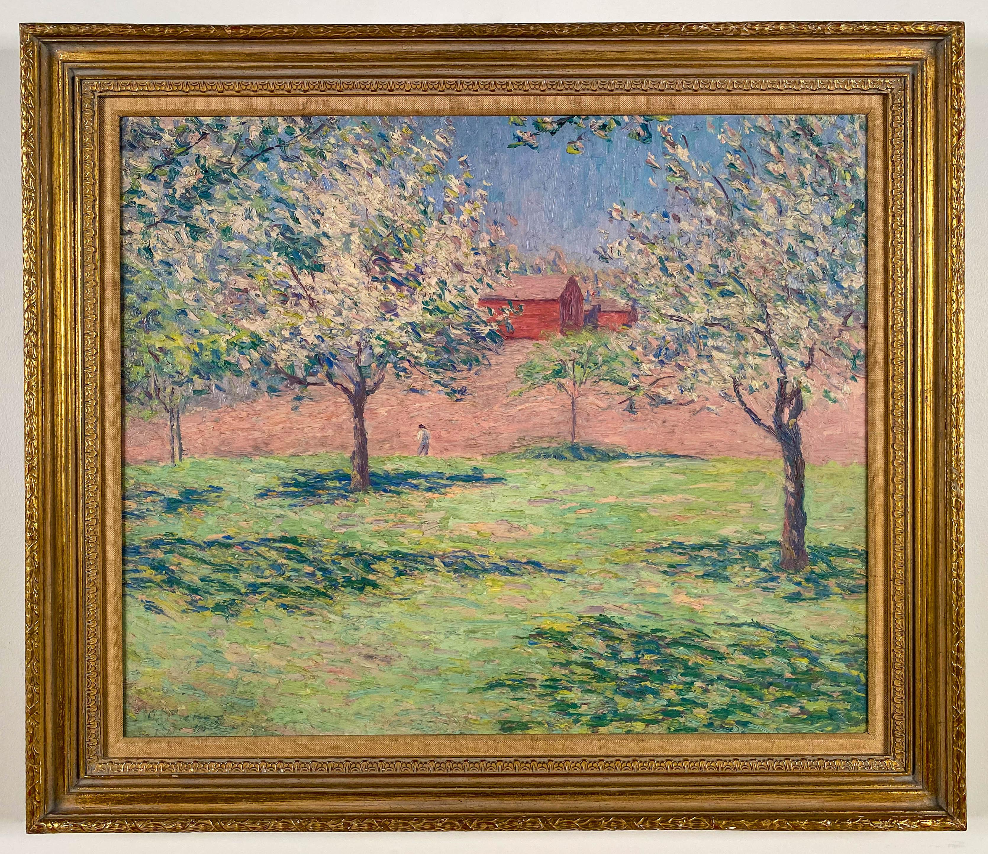 Allen Tucker Landscape Painting - Red Barns and Apple Trees