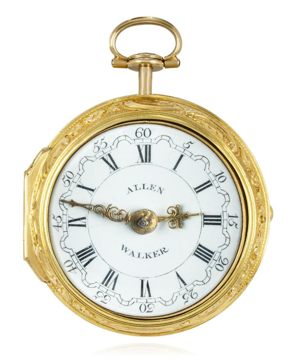 Allen Walker. A Rare Gold Repousse Triple Cased Keywind Fusee Verge Pocket Watch C1785

Dial: The beautiful perfect white enamel dial with Roman numerals outer wavy minute track with Arabic minute numerals at five minute intervals. The dial is